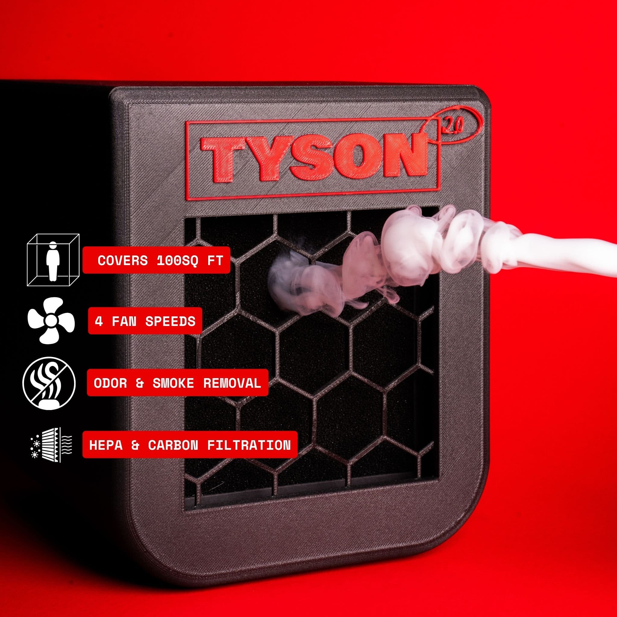 - COVERS 100SQ FT
- 4 FAN SPEEDS
- ODOR & SMOKE REMOVAL
- HEPA & CARBON FILTRATION