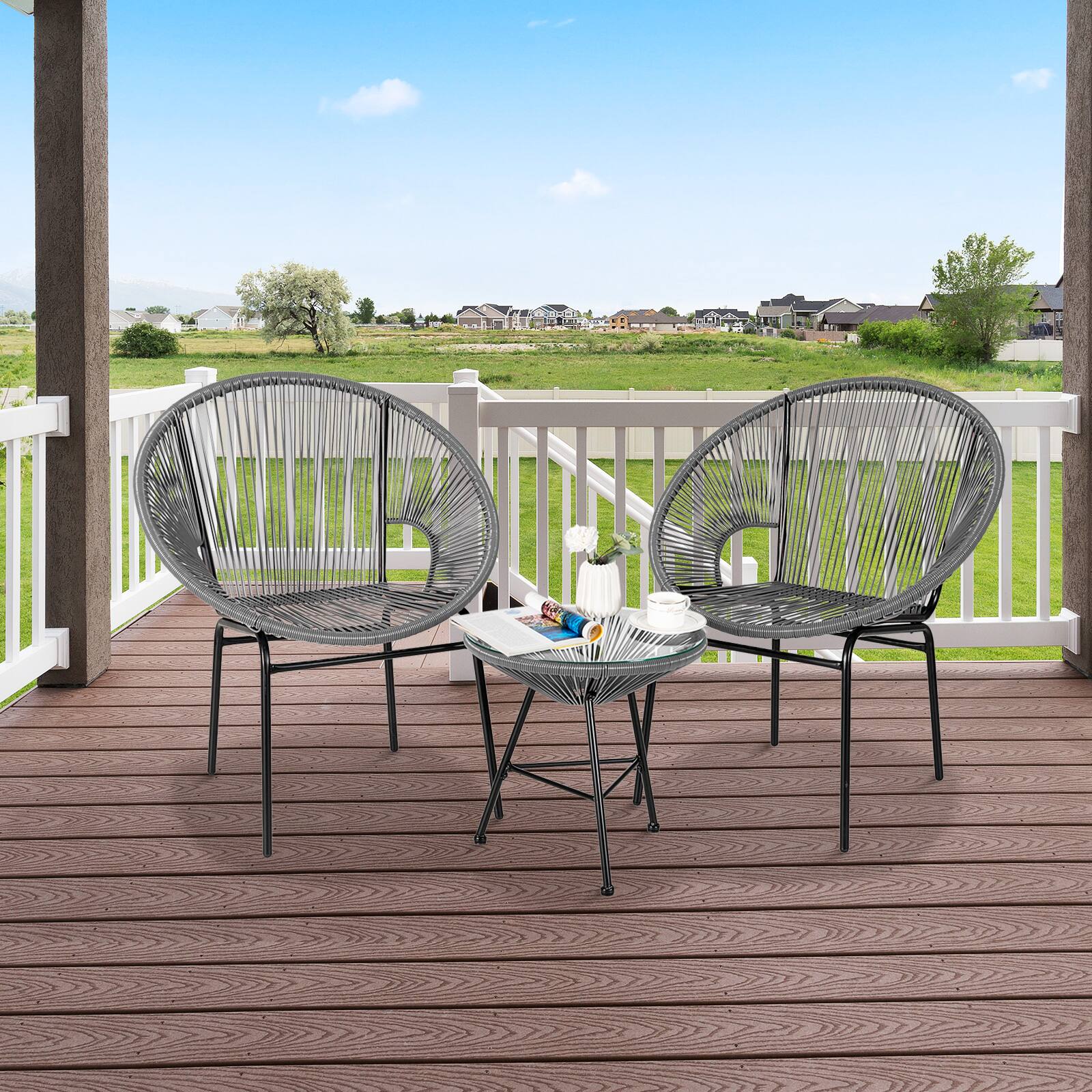 Alt View 1. Gymax - Gymax 3 Pieces Acapulco Chair Set Wicker Conversation Bistro Set w/ Tempered Glass Table - Grey.