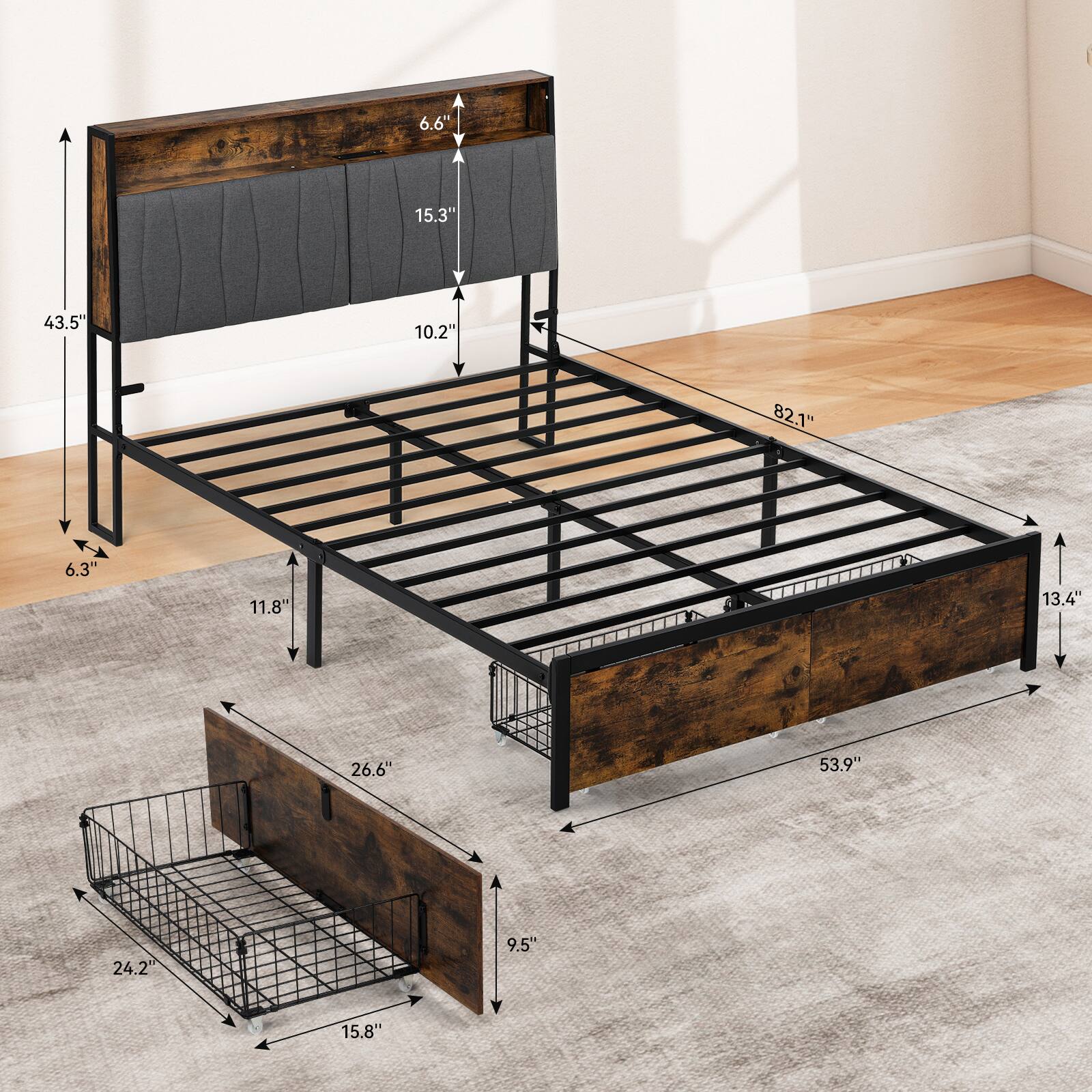 The text on the image is grouped and corrected as follows:

1. 6.6" 15.3" 43.5" 10.2" 82.1" 6.3" 11.8" 13.4" 26.6" 53.9" 24.2" 9.5" 15.8"

This text represents the dimensions of the bed frame, including the headboard, footboard, and the overall length of the bed. The measurements are in inches and provide a clear understanding of the bed's size and structure.