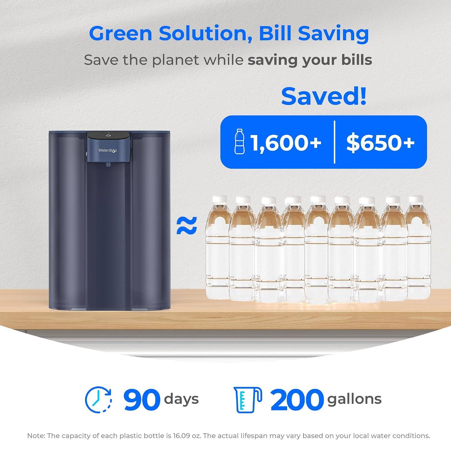 Green Solution, Bill Saving  
Save the planet while saving your bills  

Saved!  
1,600+ $650+  

22  
90 days  
200 gallons  

Note: The capacity of each plastic bottle is 16.09 oz. The actual lifespan may vary based on your local water conditions.