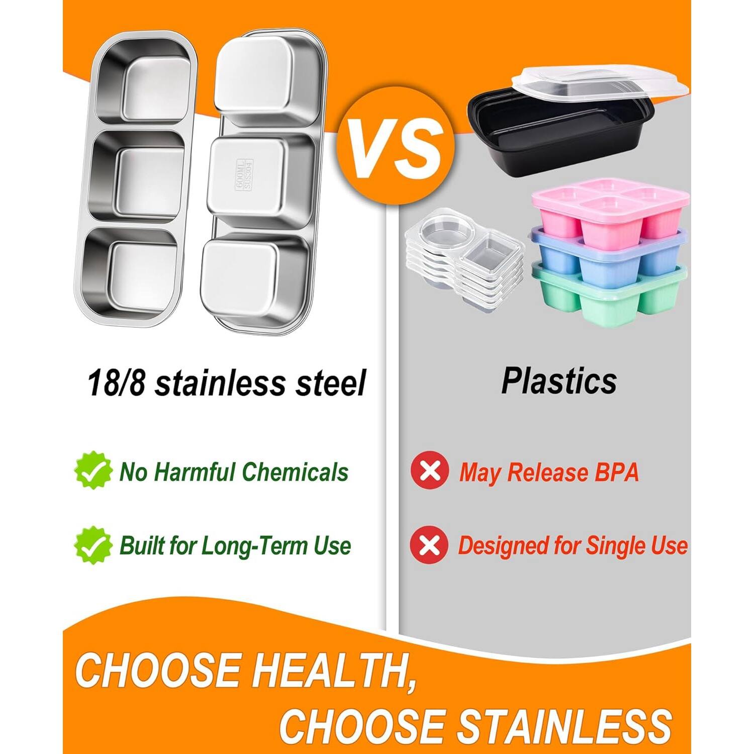 VS 18/8 stainless steel Plastics No Harmful Chemicals X May Release BPA Built for Long-Term Use x Designed for Single Use CHOOSE HEALTH, CHOOSE STAINLESS