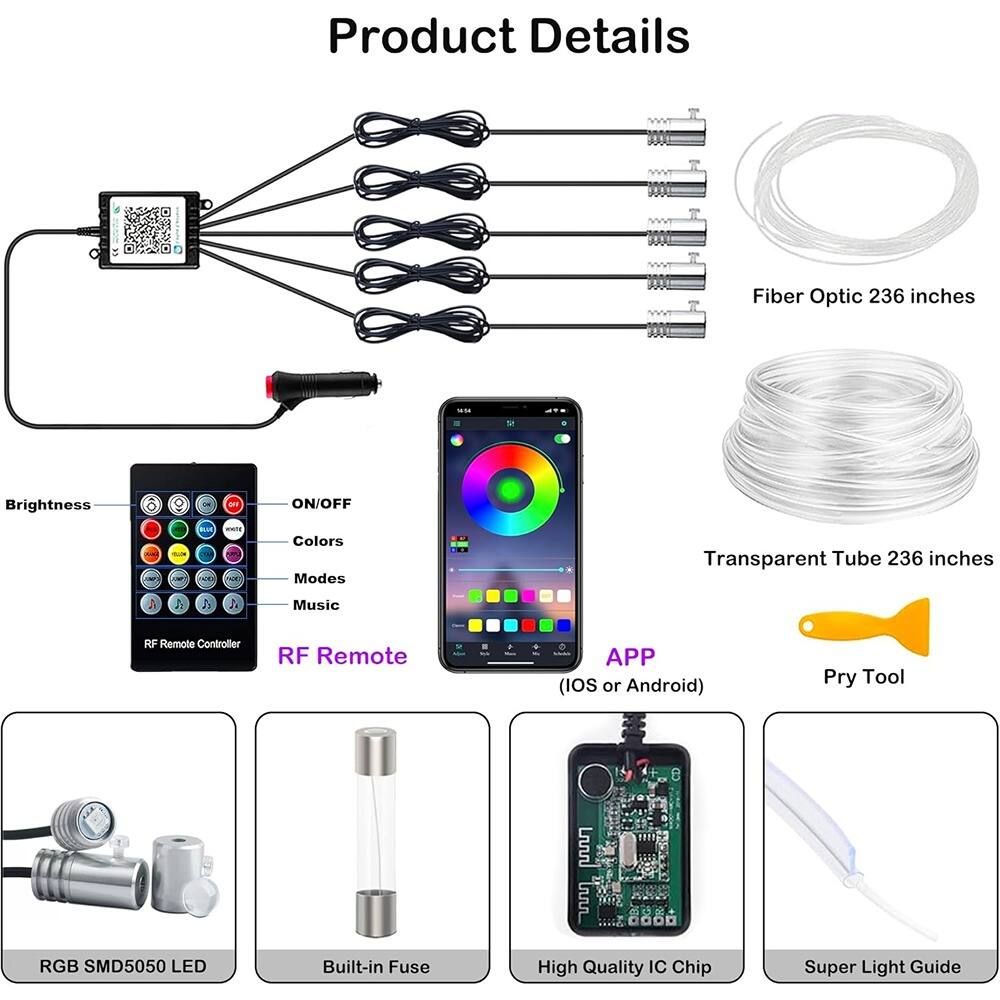 Product Details

- Fiber Optic 236 inches
- Transparent Tube 236 inches
- Brightness
- ON/OFF
- Colors
- Modes
- Music
- RF Remote Controller
- RF Remote
- APP (IOS or Android)
- Pry Tool
- RGB SMD5050 LED
- Built-in Fuse
- High Quality IC Chip
- Super Light Guide