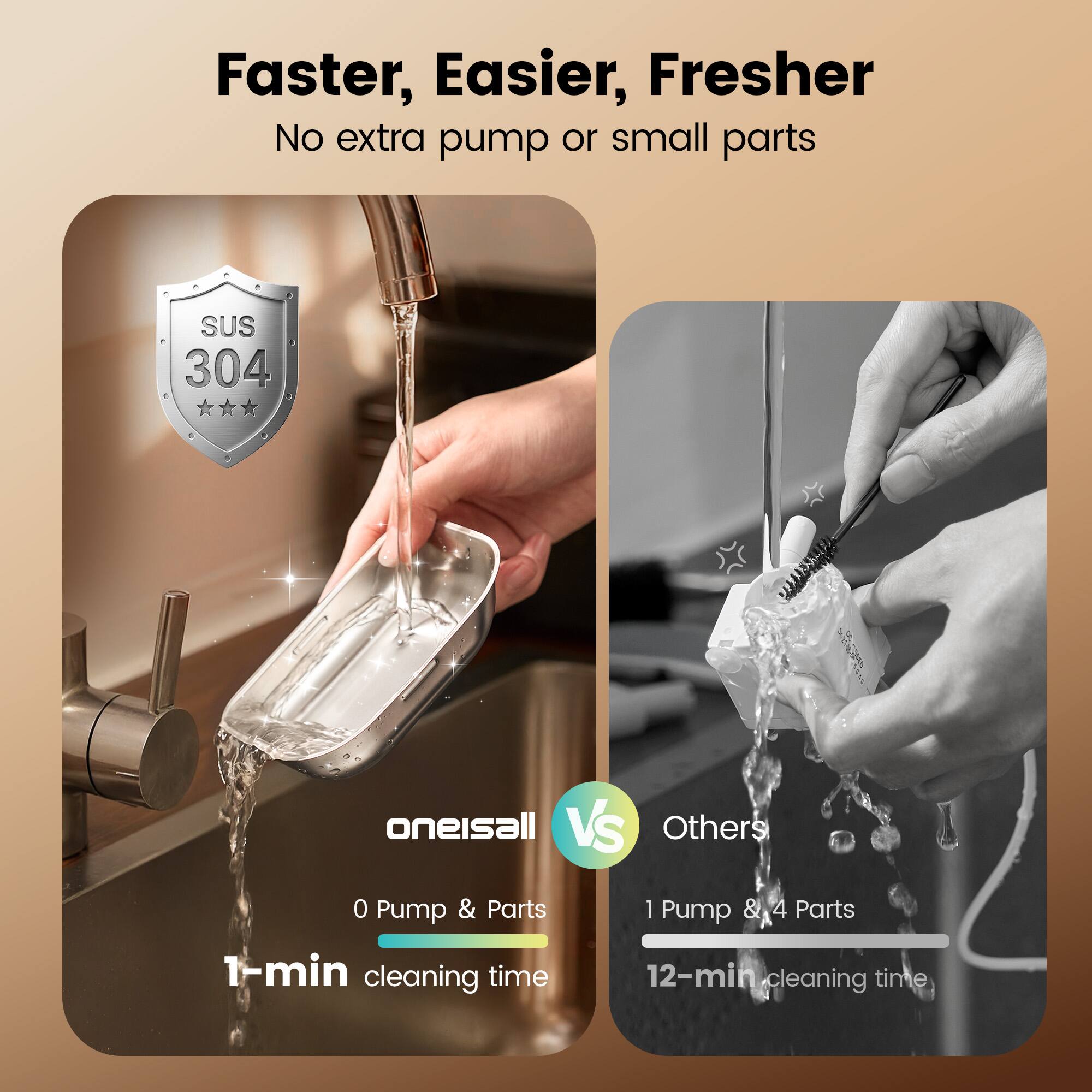 Faster, Easier, Fresher  
No extra pump or small parts  

SUS 304  

oneisall VS Others  

0 Pump & Parts  
1-min cleaning time  

1 Pump & 4 Parts  
12-min cleaning time