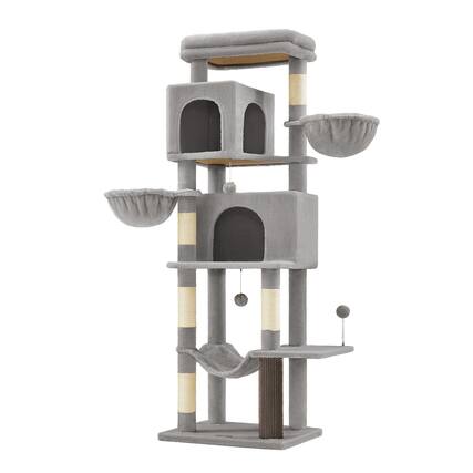 Front. Songmics Home - Cat Tree, 68.5-Inch Tall Cat Tower, Multi-Level Plush Condo with 2 Caves, 2 Baskets, 5 Scratching Posts, Self-Groomer - Dove Gray.