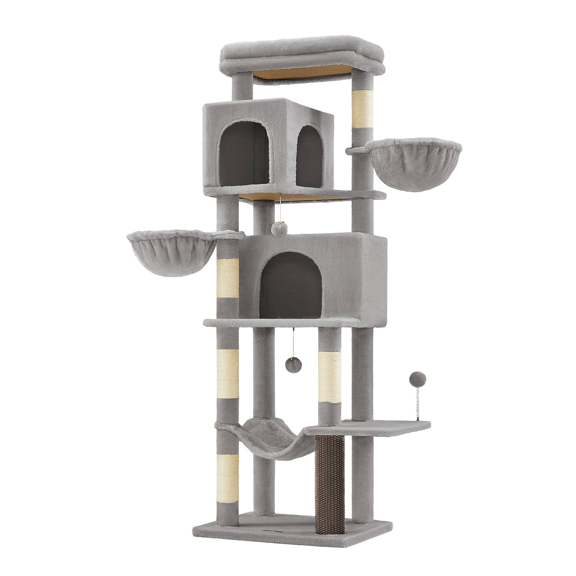 Front. Songmics Home - Cat Tree, 68.5-Inch Tall Cat Tower, Multi-Level Plush Condo with 2 Caves, 2 Baskets, 5 Scratching Posts, Self-Groomer - Dove Gray.