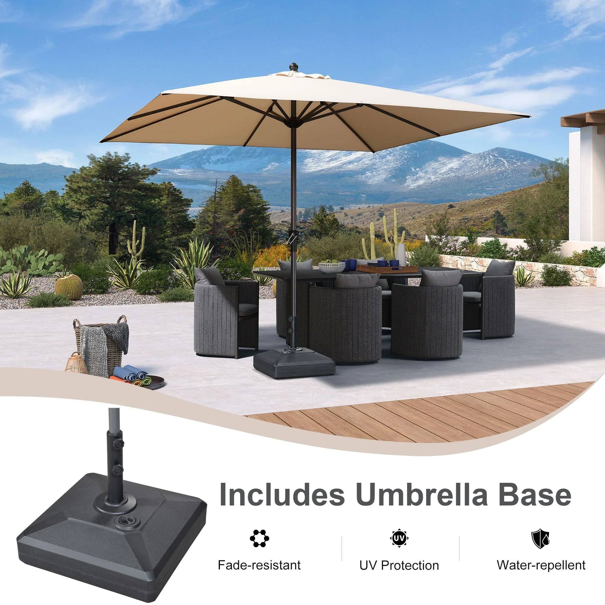 Includes Umbrella Base  
- Fade-resistant  
- UV Protection  
- Water-repellent