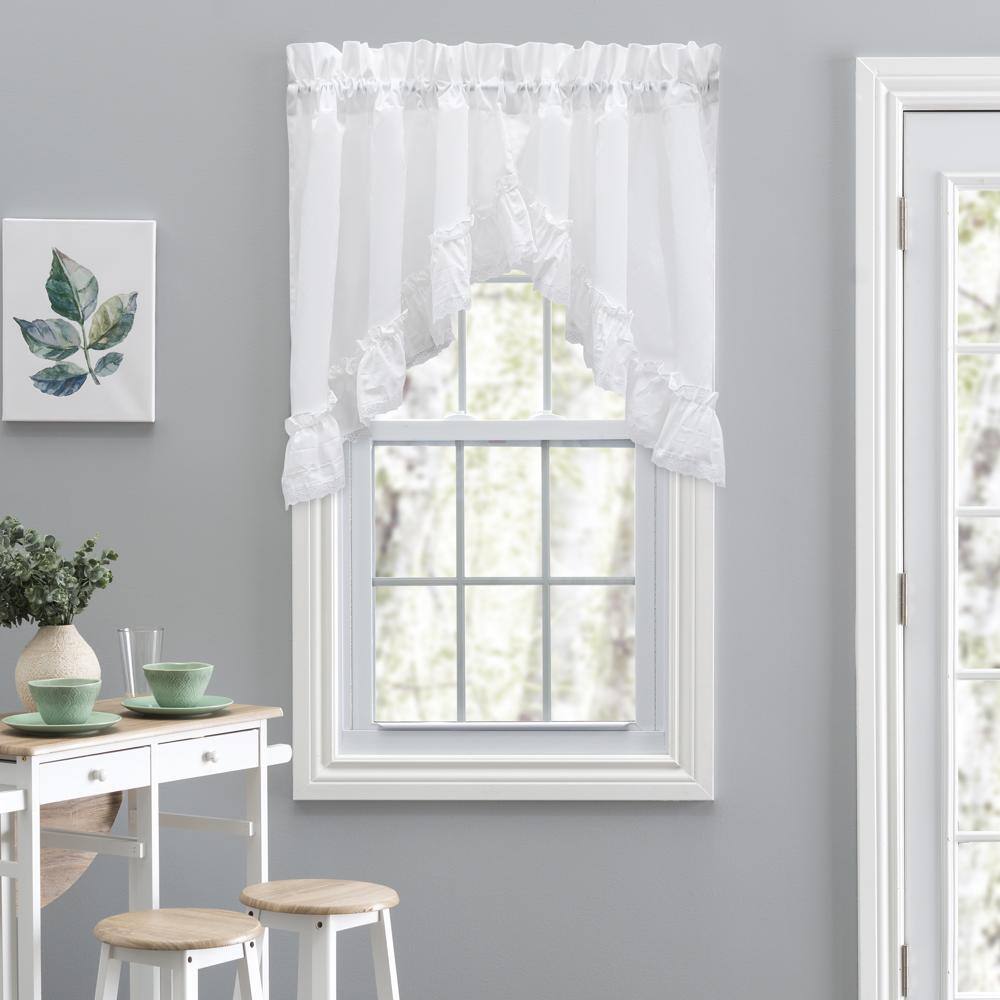 Angle. Ellis Curtain - Ellis Curtain Madelyn Ruflled Victorian 1.5" Rod Pocket Swag for Windows Lace Edge 82" x 38" White - White.