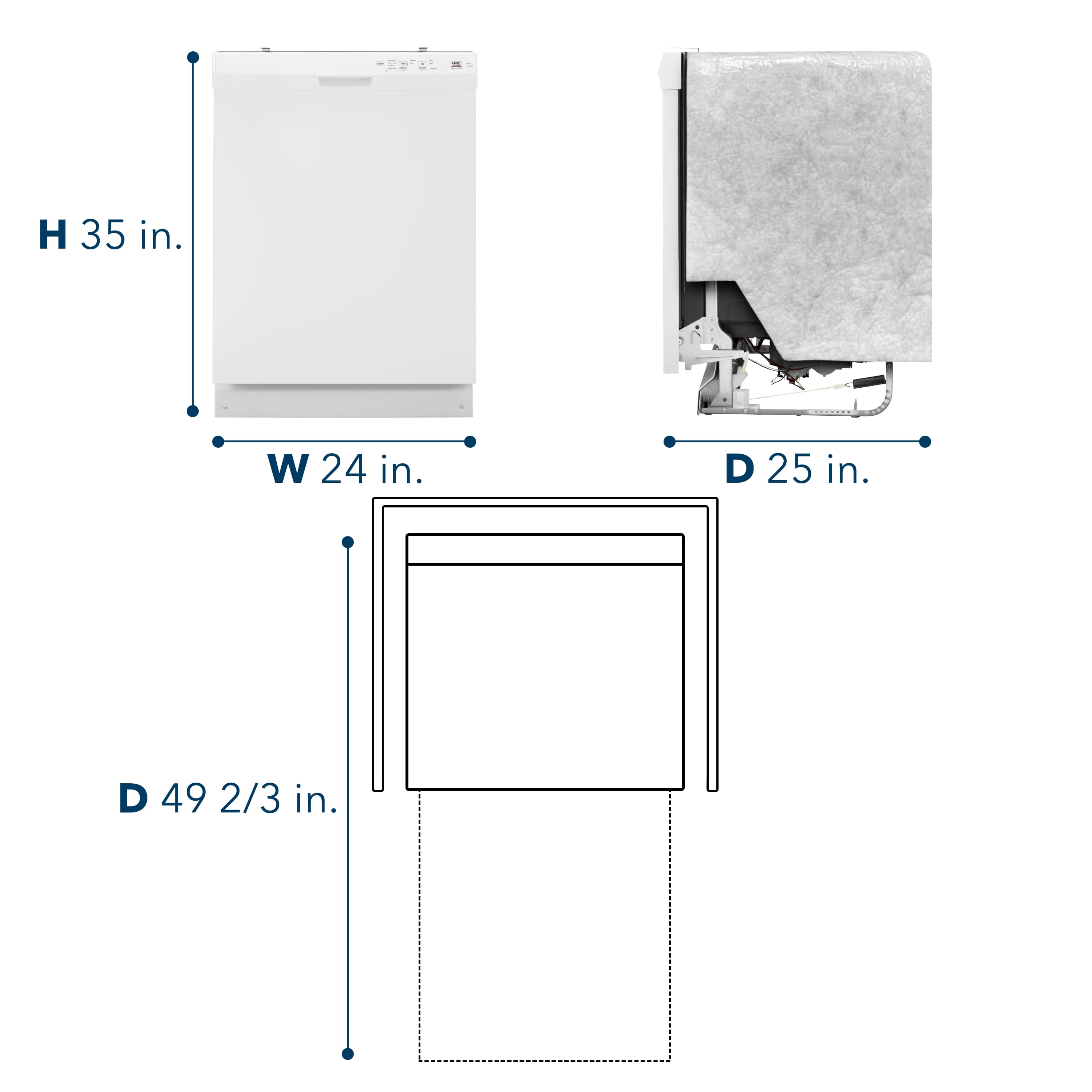 H 35 in.
W 24 in.
D 25 in.
D 49 2/3 in.