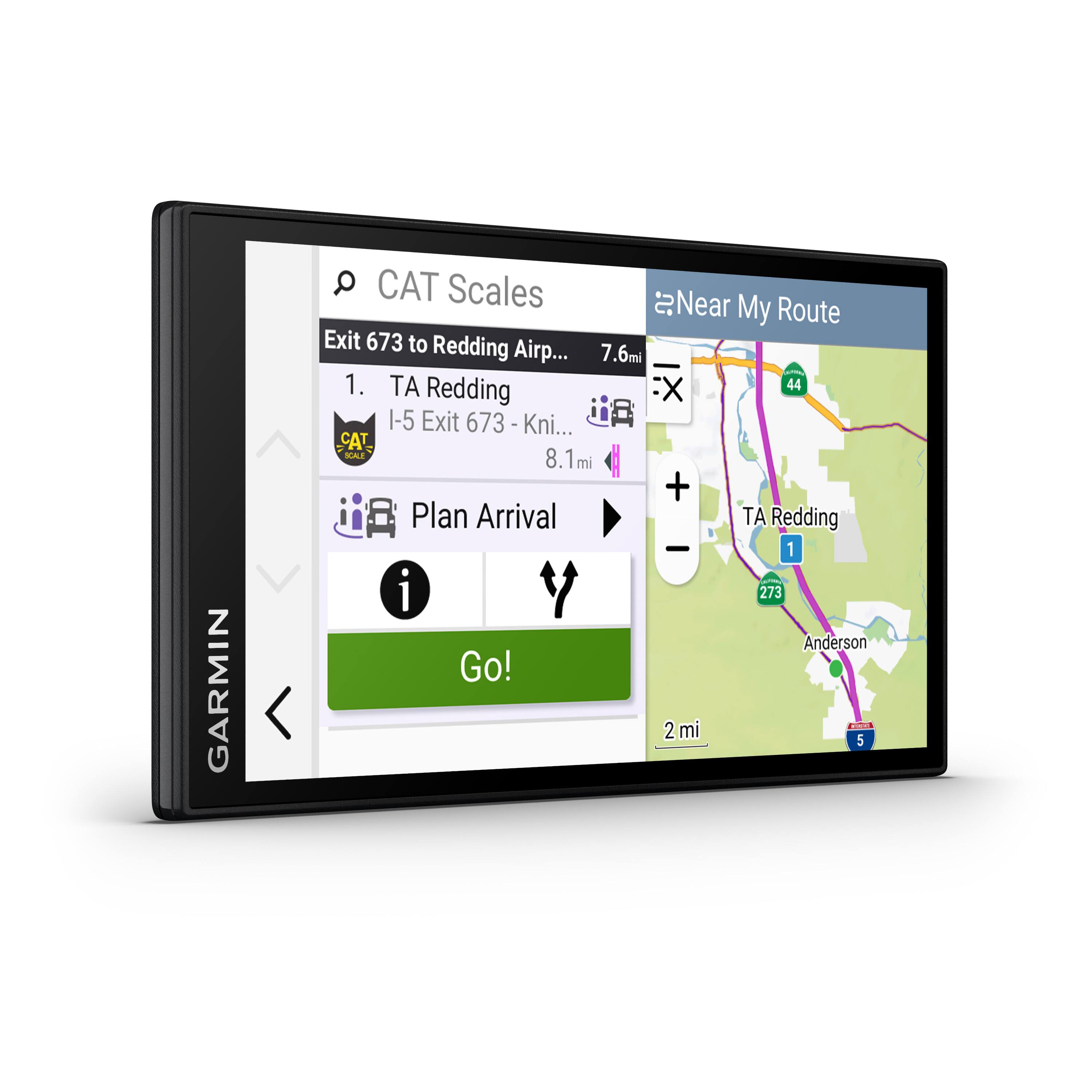 The image shows a Garmin device displaying a map and directions. The text on the image reads: "GARMIN CAT Scales in Near My Route Exit 673 to Redding Airp... 7.6ml 1. TA Redding X 44 I-5 Exit 673 673 - Kni... A CAT ICALE 8.1mi + Plan Arrival TA Redding 1 i 273 Anderson Go!"