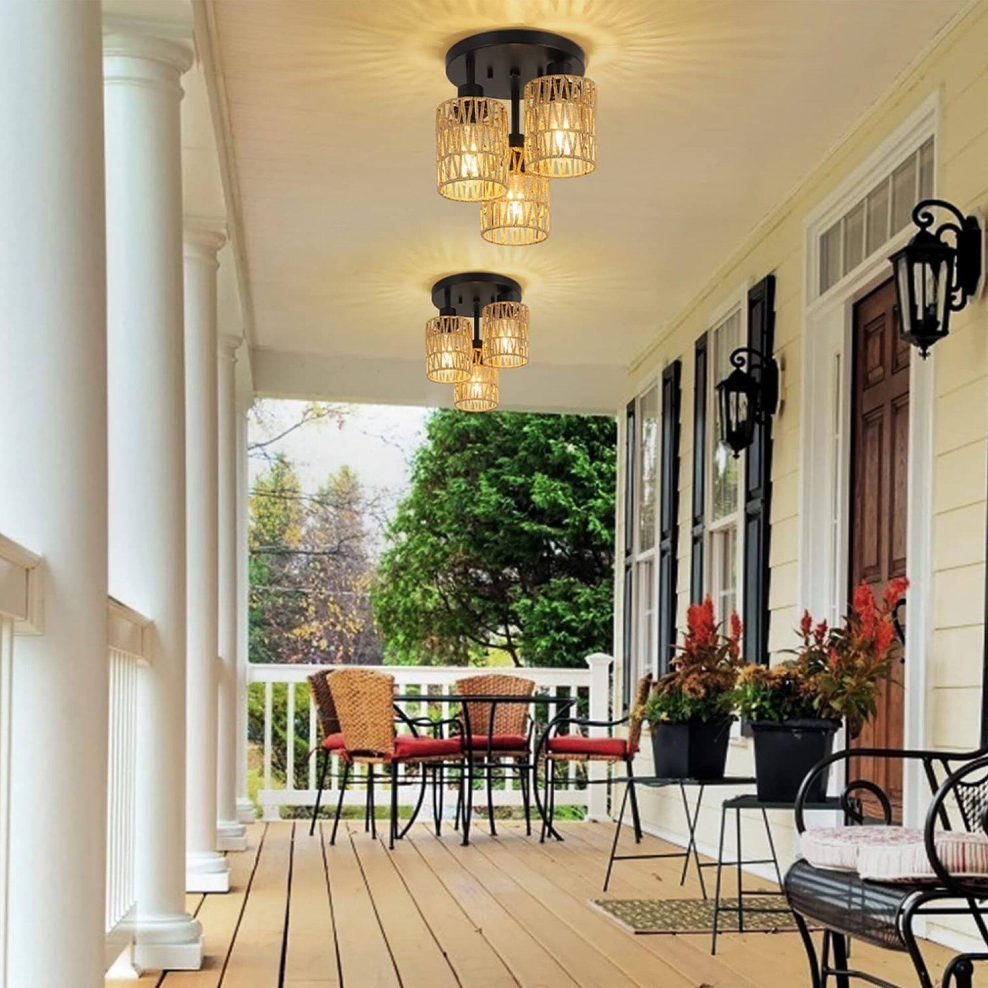 Back. ELEMENT ACE - Hand-Woven Rattan Semi Flush Mount Ceiling Light Fixture with 3-Light Design for Ambient Home Illumination - Brown.