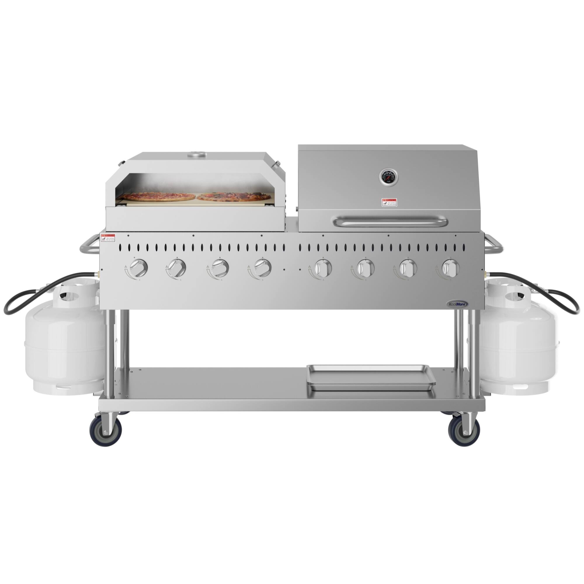 Koolmore - 60 in. 8-Burner Commercial Outdoor Propane Gas Grill With 30 in. Roll Dome Cover and 30 in. Pizza Oven in Stainless - Stainless Steel