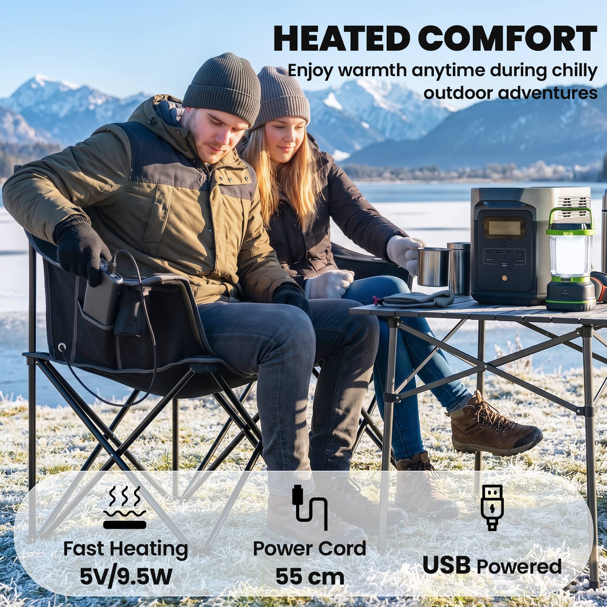 HEATED COMFORT  
Enjoy warmth anytime during chilly outdoor adventures

Fast Heating 5V/9.5W  
Power Cord 55 cm  
USB Powered