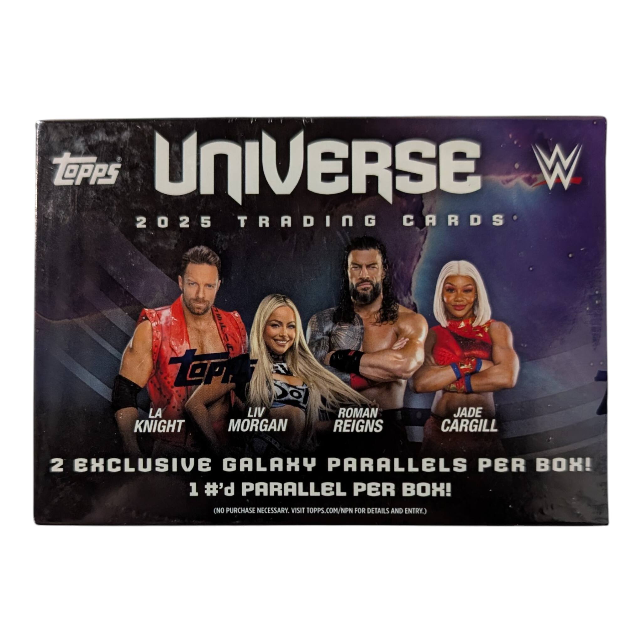 Topps Universe W 2025 Trading Cards: La Knight, Liv Morgan, Roman Reigns, Jade Cargill. 2 Exclusive Galaxy Parallels per Box! 1 #1'd Parallel per Box! (No purchase necessary. Visit Topps.com/NPN for details and entry.)