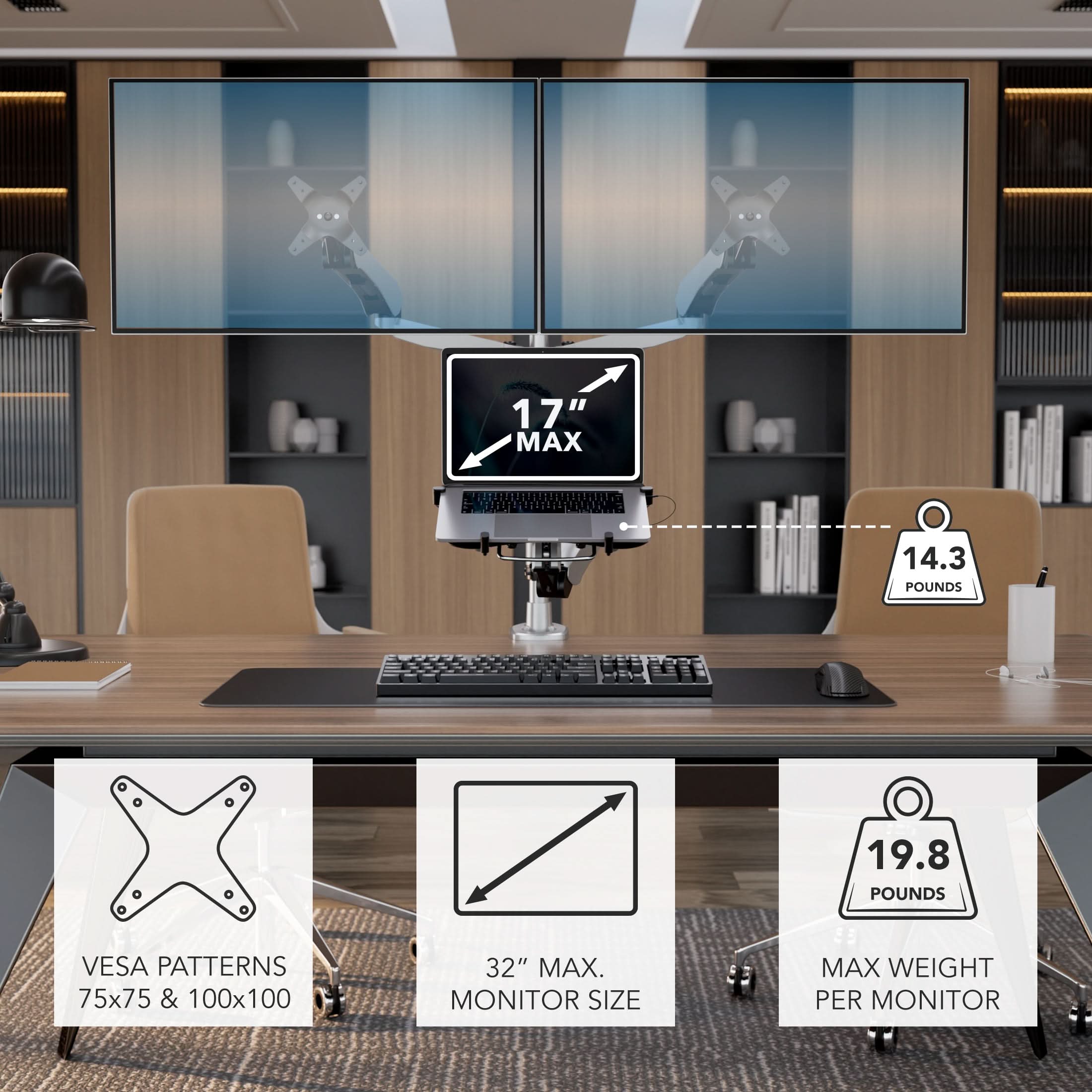 17" MAX  
14.3 POUNDS  
19.8 POUNDS  
VESPA PATTERNS 75x75 & 100x100  
32" MAX. MONITOR SIZE  
MAX WEIGHT PER MONITOR