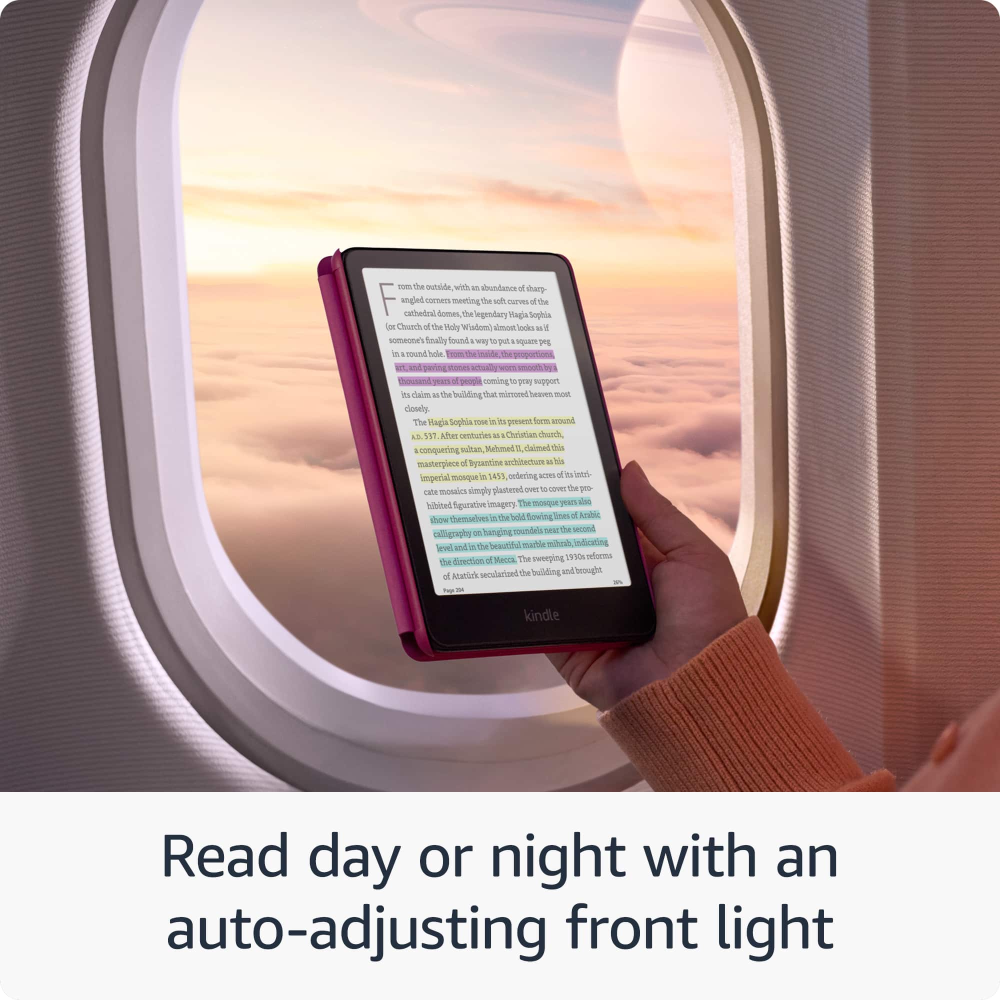Read day or night with an auto-adjusting front light.