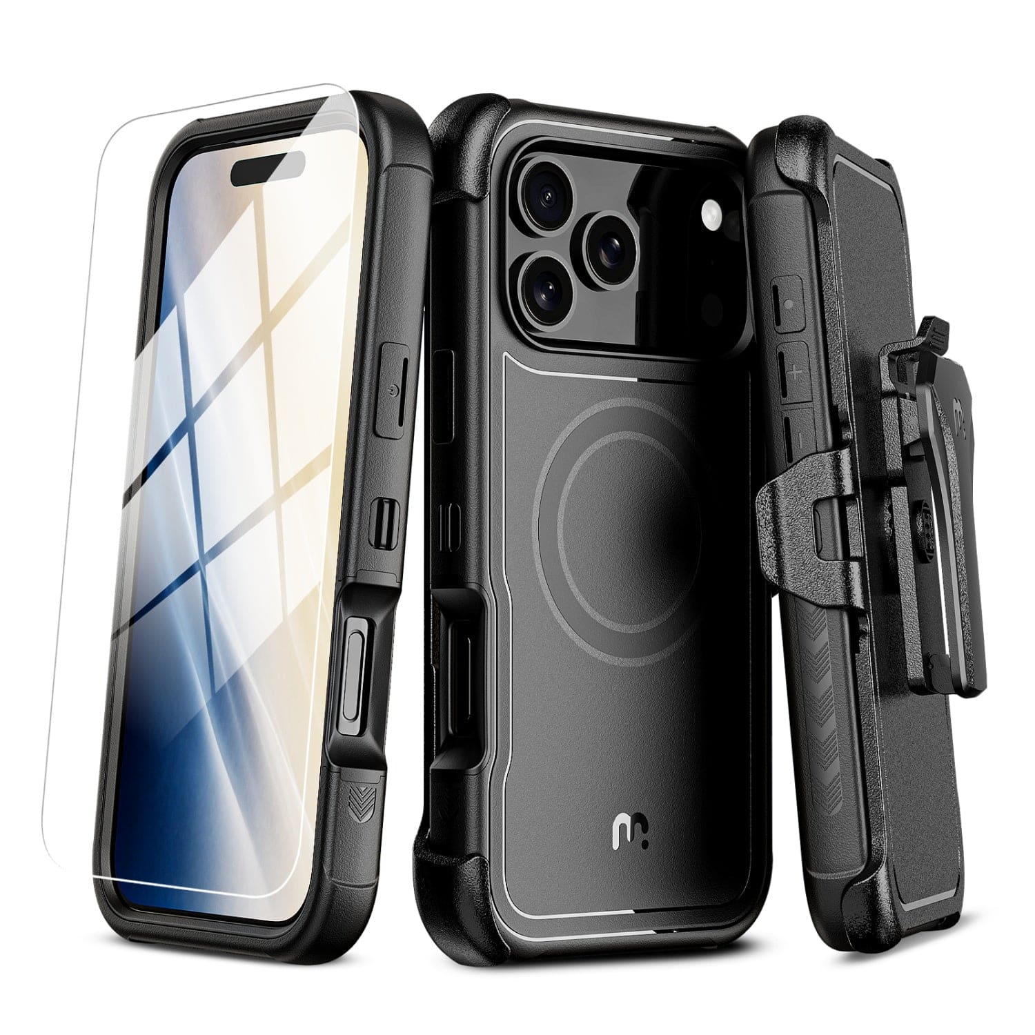 Mybat Pro - MagSafe Case w/ Holster and Tempered Glass for Apple iPhone 18 Pro / 17 Pro - Black