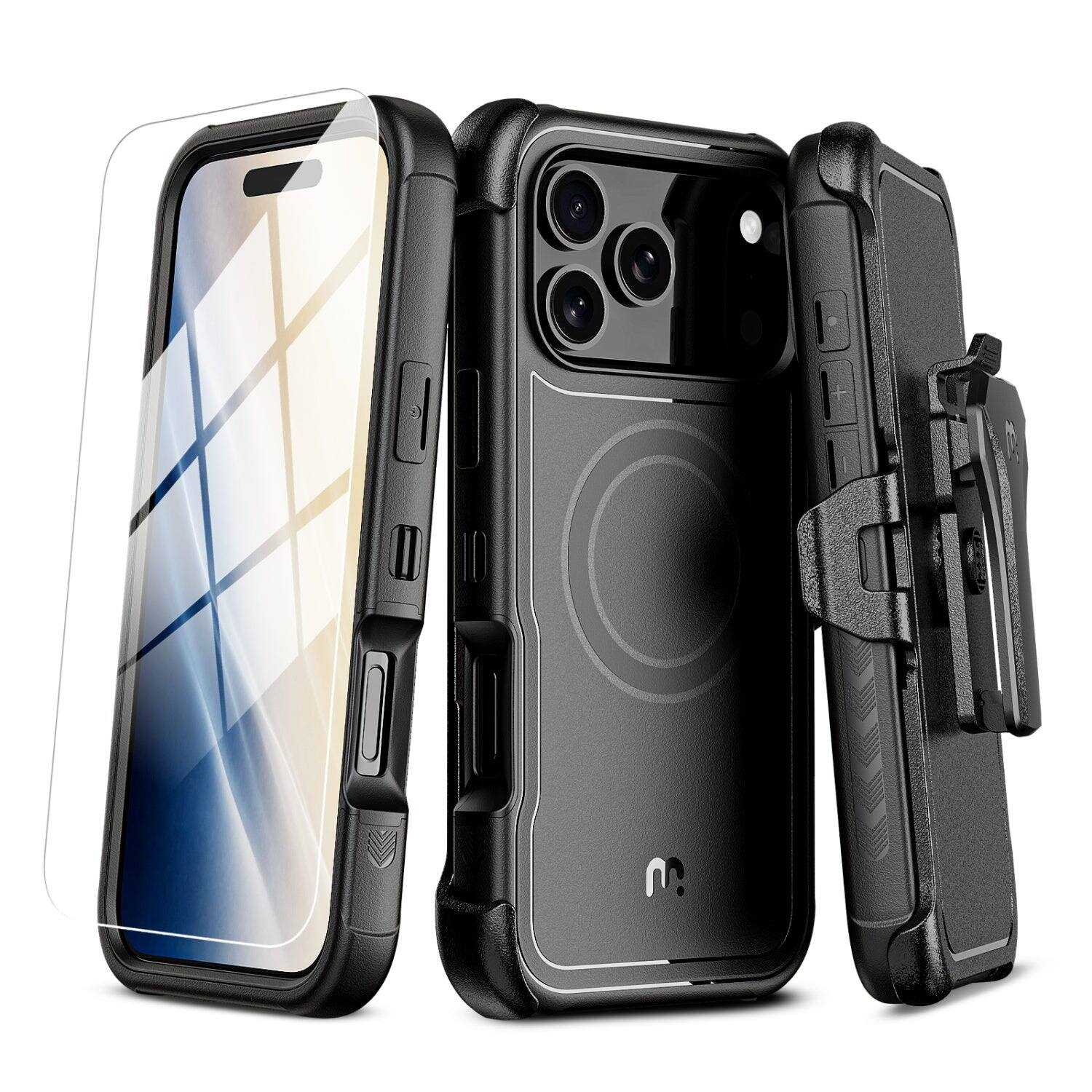 Front. Mybat Pro - MyBat Pro MagSafe Case w/ Holster and Tempered Glass for Apple iPhone 18 Pro / 17 Pro - Black - Black.