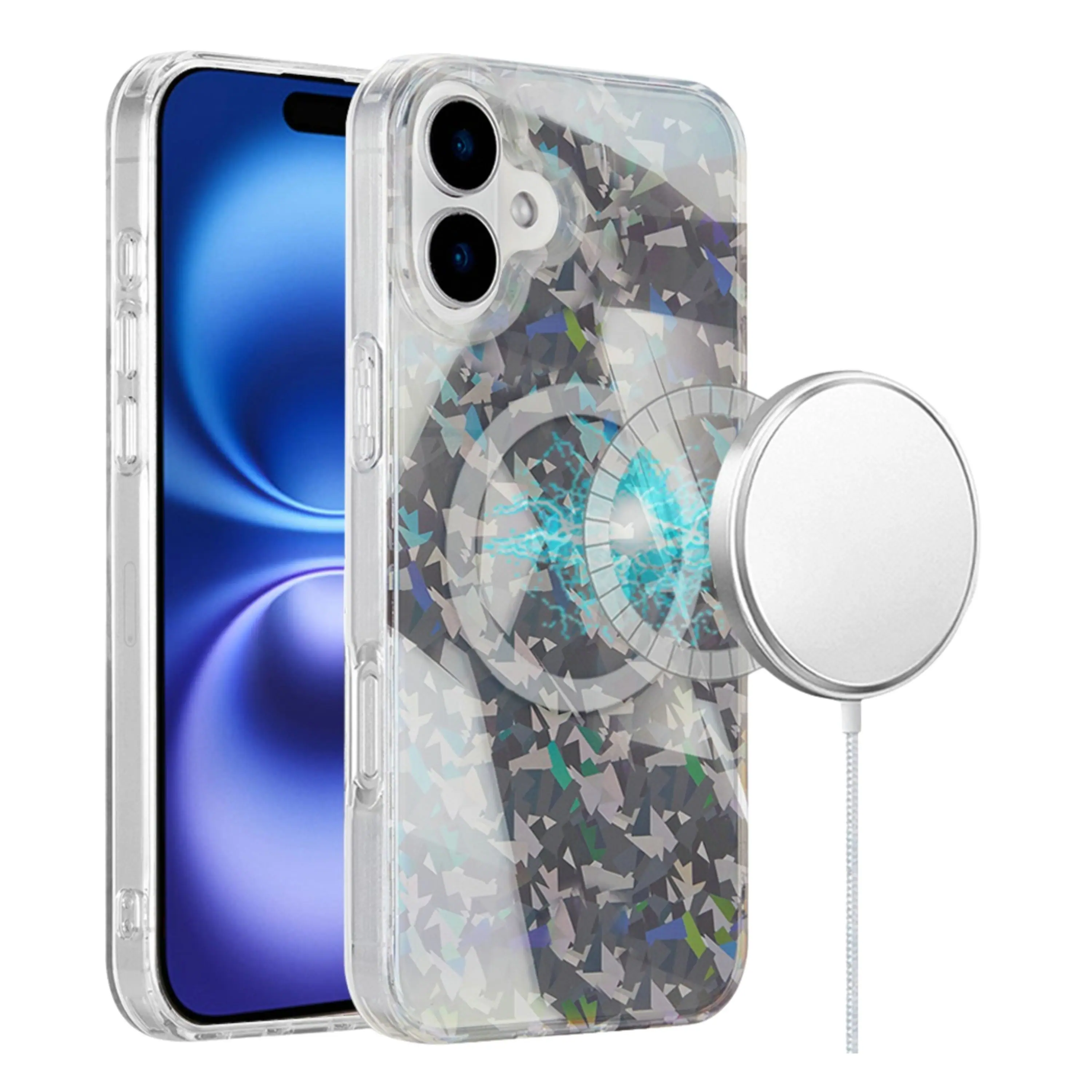 Front. Kitcheniva - Smoke Holographic Premium IMD Design Magnetic Circle With Tempered Glass For iPhone 16 - Smoke Holographic.
