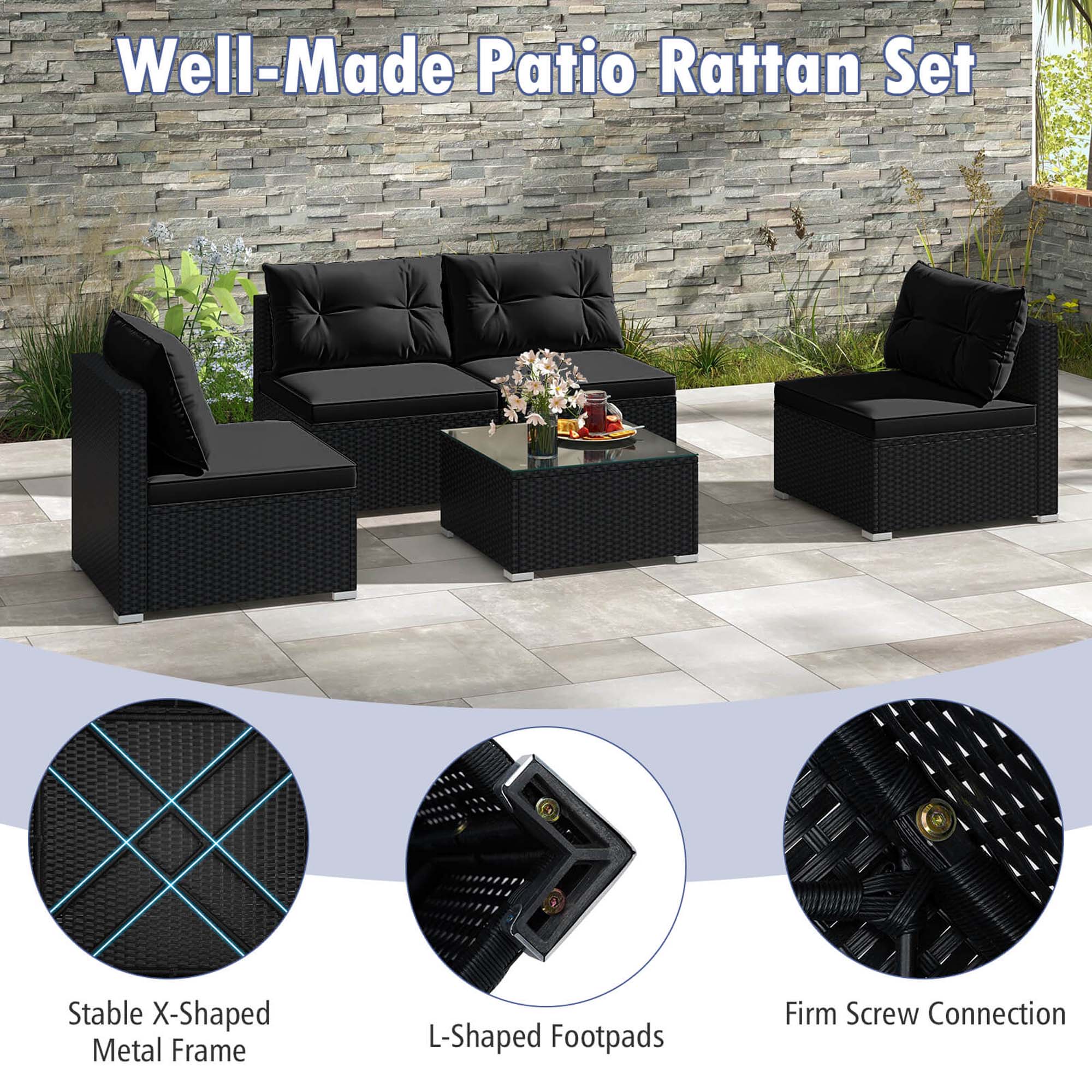 Well-Made Patio Rattan Set
Stable X-Shaped Metal Frame
L-Shaped Footpads
Firm Screw Connection