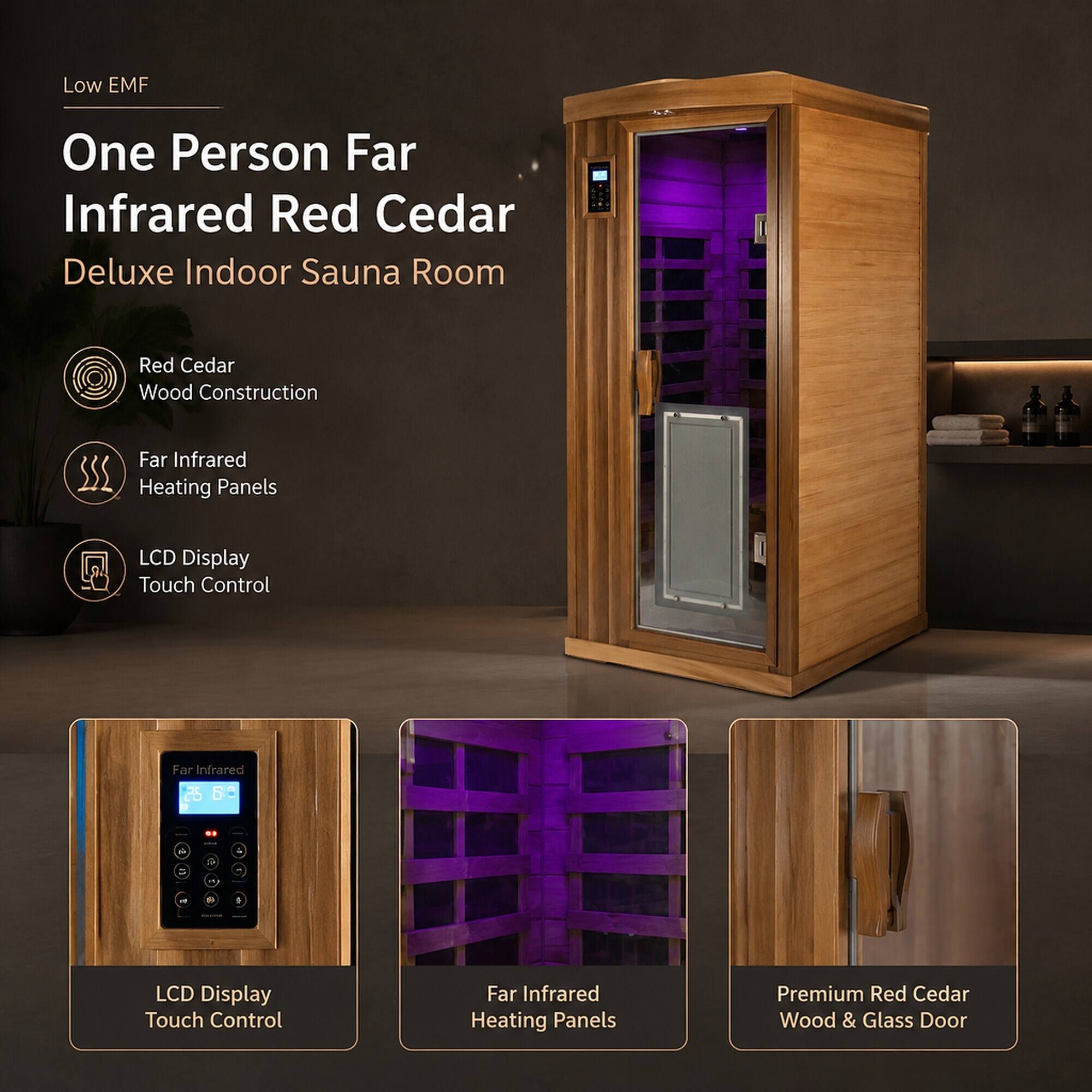Low EMF  
One Person Far Infrared Red Cedar Deluxe Indoor Sauna Room  
Red Cedar Wood Construction  
Far Infrared Heating Panels  
LCD Display Touch Control  
Far Infrared 25 68  
LCD Display Touch Control  
Far Infrared Heating Panels  
Premium Red Cedar Wood & Glass Door