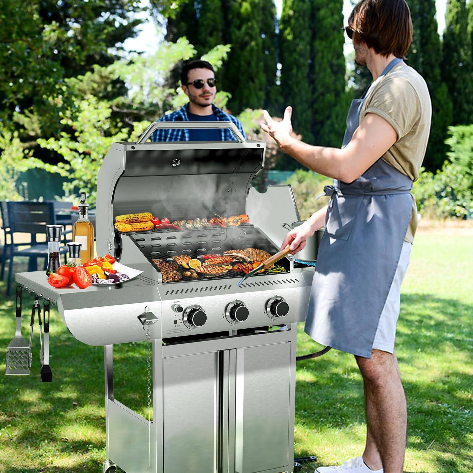 Angle. GlowWise - ‌34,000 BTU 3-Burner Propane Grill withSide Burner Stainless Steel,Cast Iron Grates,Portable Wheels Patio&Camping Ready‌ - SILVER.