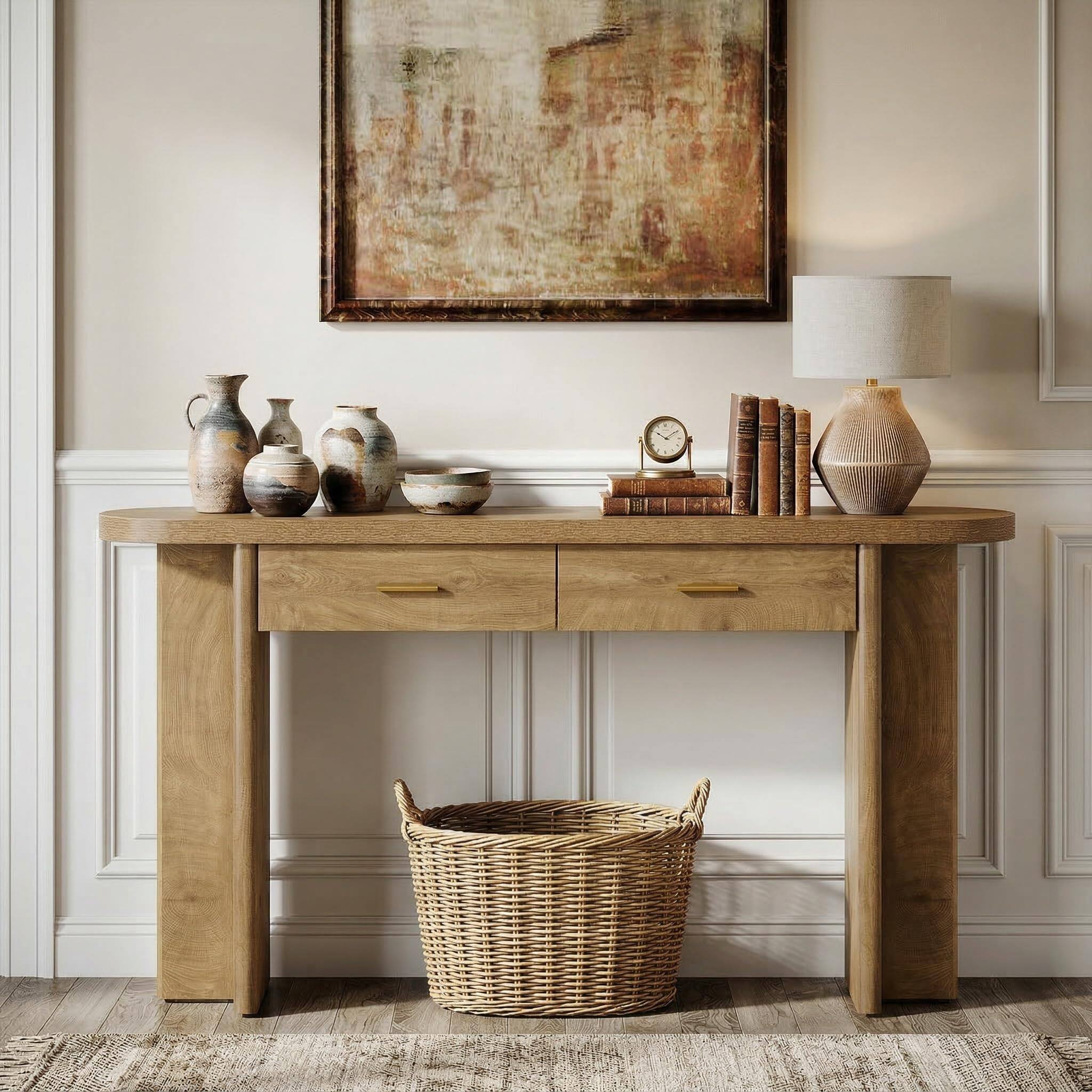 Alt View 1. Tribesigns - 63-Inch Farmhouse Console Table with 2 Drawers, Oval Curved Entryway Table with Storage, Slim Sofa Table for Living Room - Brown.