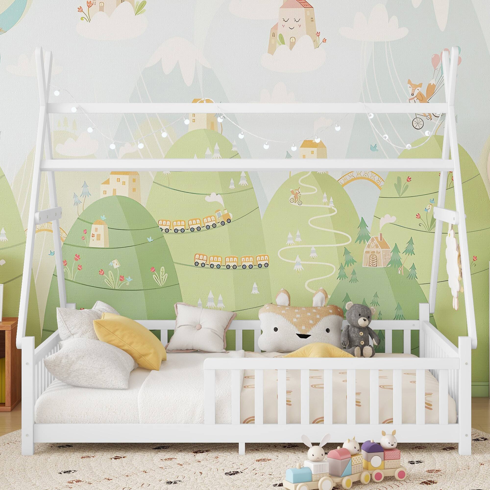 Back. GOODSILO - Full Size Low Profile House Frame Bed with Detachable Roof and LED Light Kit for Children's Bedroom - White.