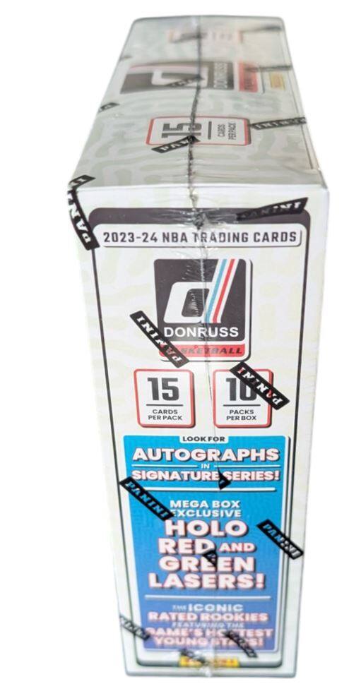 2023-24 NBA TRADING CARDS  
DONRUSS  
SKETBALL  

15 CARDS PER PACK  
10 PACKS PER BOX  

LOOK FOR AUTOGRAPHS IN SIGNATURE SERIES!  

MEGA BOX EXCLUSIVE  
HOLO RED AND GREEN LASERS!  

ICONIC RATED ROOKIES  
FEATURING THE NBA'S HIGHEST YOUNG TALENT!