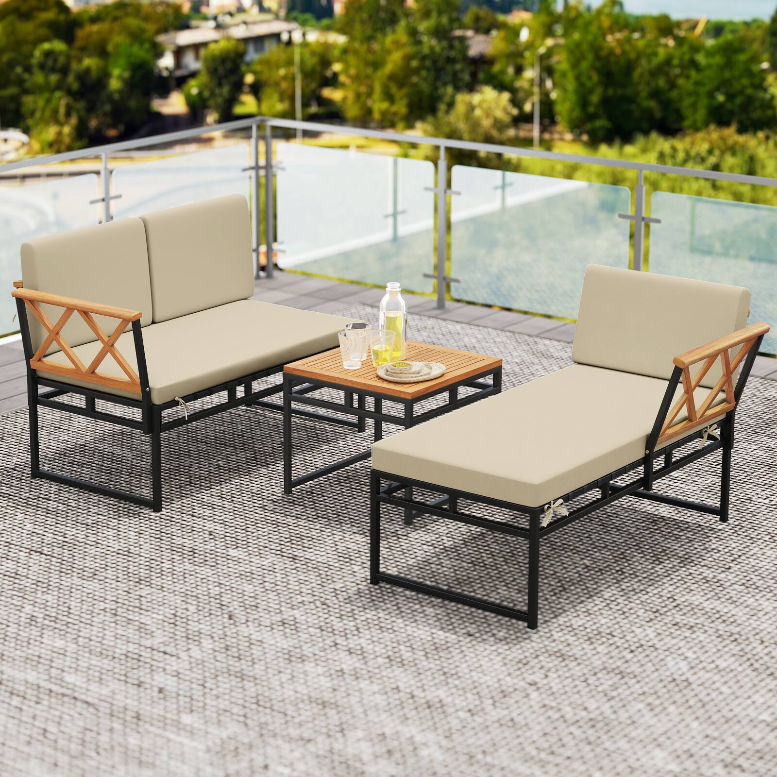 Alt View 8. Costway - Costway 3 PCS L-Shaped Patio Furniture Set with Loveseat Square Coffee Table Soft Back - Beige.