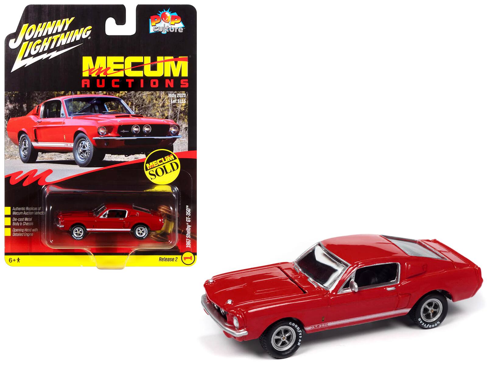 Sure, here is the corrected and grouped text from the image:

---

**Front of the Box:**

- **Johnny Lightning**
- **MECUM AUCTIONS**
- **Indy 2023**
- **Lot $115**
- **MECUM SOLD**
- **Authentic Replicas of Mecum Auction Vehicles**
- **Die-cast Metal Body & Chassis**
- **Opening Hood with Detailed Engine**
- **Release 2**
- **6+** (Age recommendation)
- **1:64 Scale**

**Side of the Box:**

- **Authentic Replicas of Mecum Auction Vehicles**
- **Die-cast Metal Body & Chassis**
- **Opening Hood with Detailed Engine**
- **Release 2**

**On the Car:**

- **GOOD YEAR**
- **GOODYEAR**

**On the Packaging:**

- **Pops Culture**
- **1:64 Scale**
- **1000000000000000000000000000000000000000000000000000000000