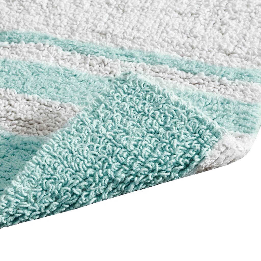 Left. APRILSOUL - Reversible Cotton Bath Rug Casual Stripes Soft Plush Highly Absorbent - Aqua.