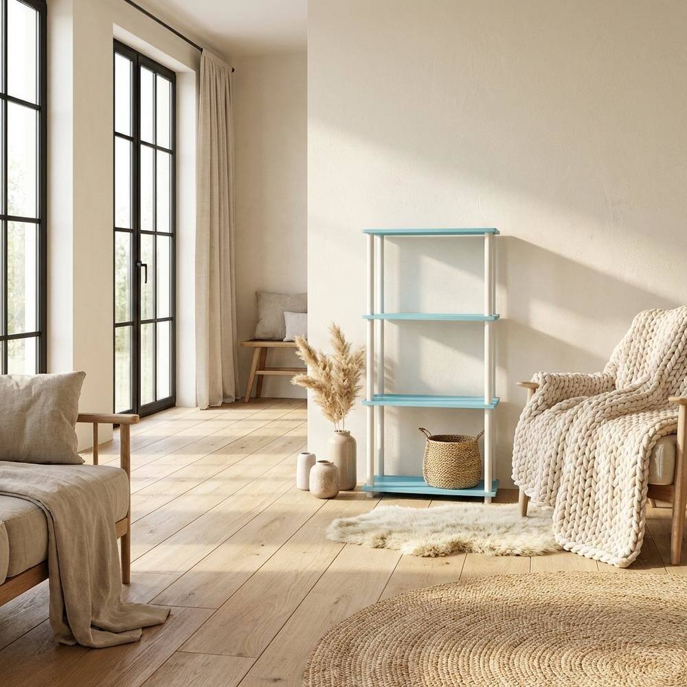 Angle. FurniFact - Wooden Bookcase with Open Shelves and Durable Construction for Living Room - Light Blue/White.