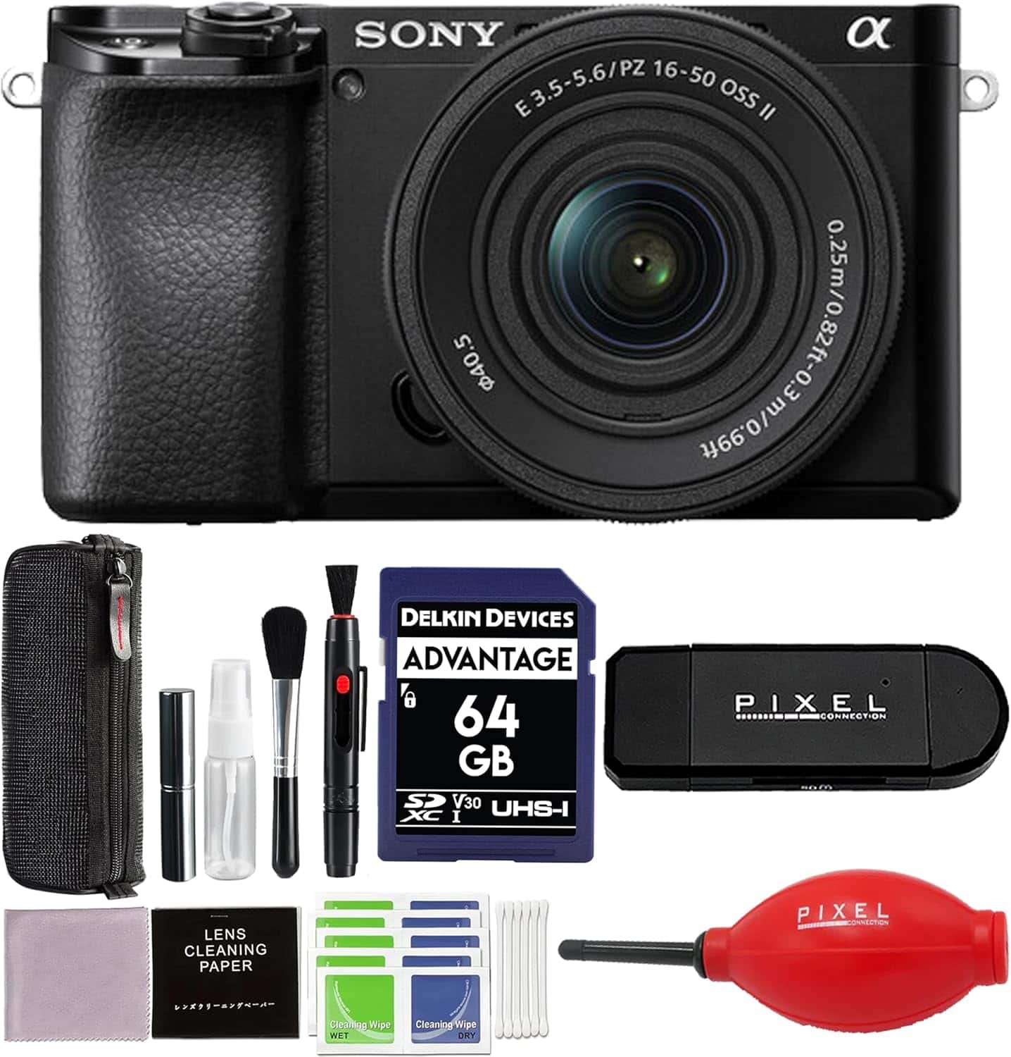 Sony - a6100 Mirrorless Camera with 16-50mm f/3.5-5.6 II Lens and 64GB SD Card, Card Reader and Pixel Advanced Accessories - Black