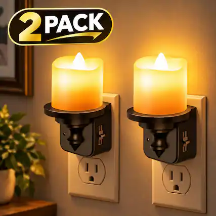 Front. Jandcase - JANDCASE 2-Pack 1W Plug-in Night Light, Amber Glow, Candle Design with Slide Dimmer 0-100%, Dusk-to-Dawn Sensor - Black.