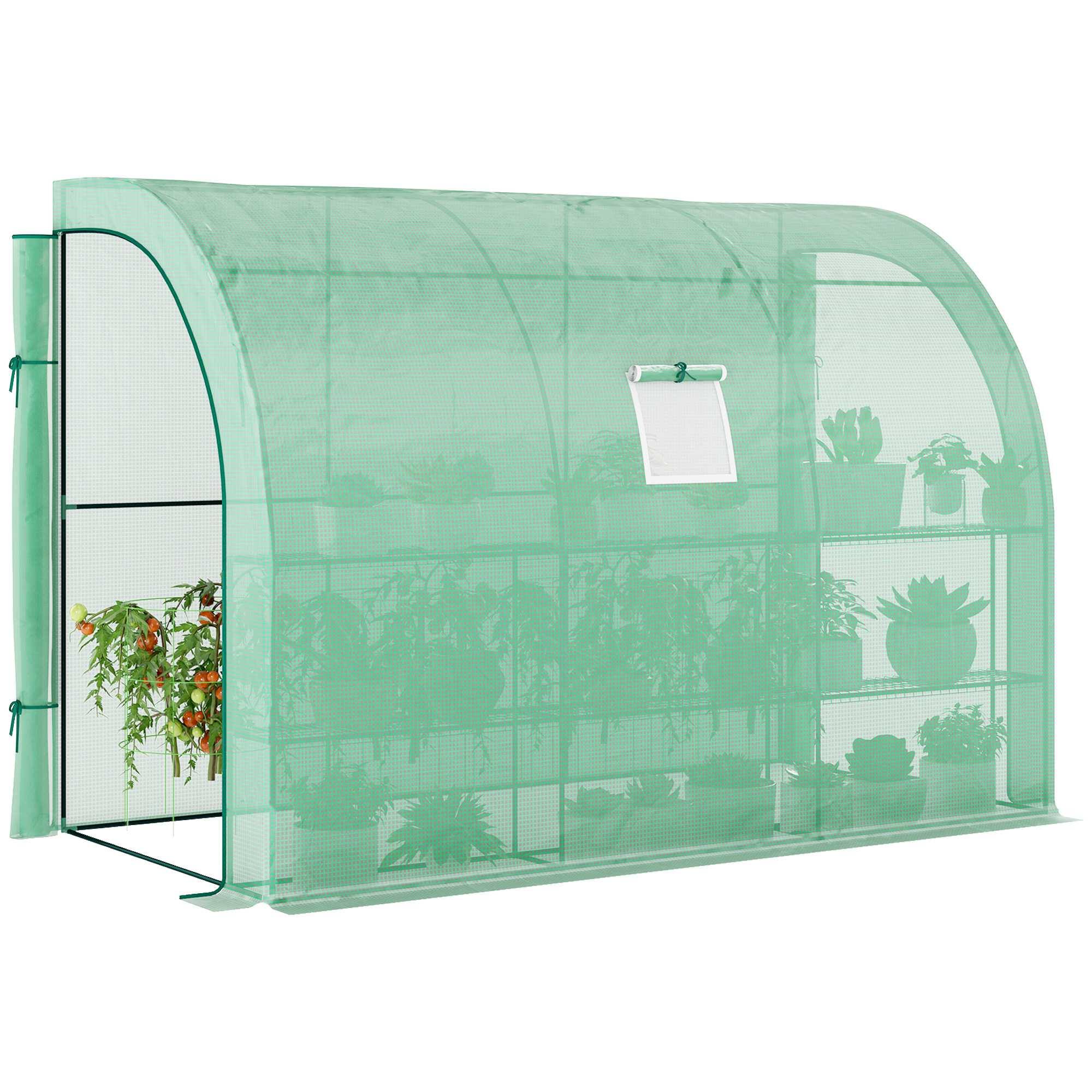 Front. Outsunny - x 5' x 7' Lean to Greenhouse, Walk-In Green House, Plant Nursery with 2 Roll-up Doors and Windows.