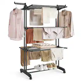 Songmics Home - Clothes Drying Rack Stand 4-Tier, Foldable Laundry Drying Rack 68.1-Inch Tall, Stainless Steel - Ink Black