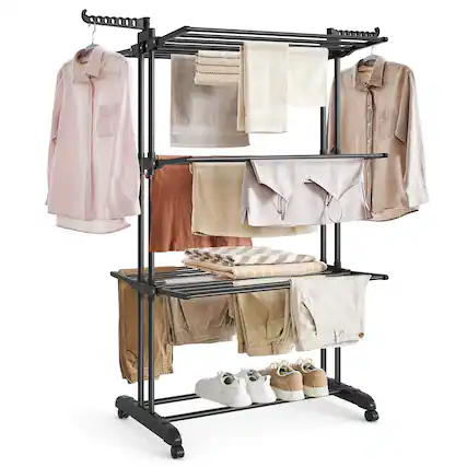 Front. Songmics Home - Clothes Drying Rack Stand 4-Tier, Foldable Laundry Drying Rack 68.1-Inch Tall, Stainless Steel - Ink Black.