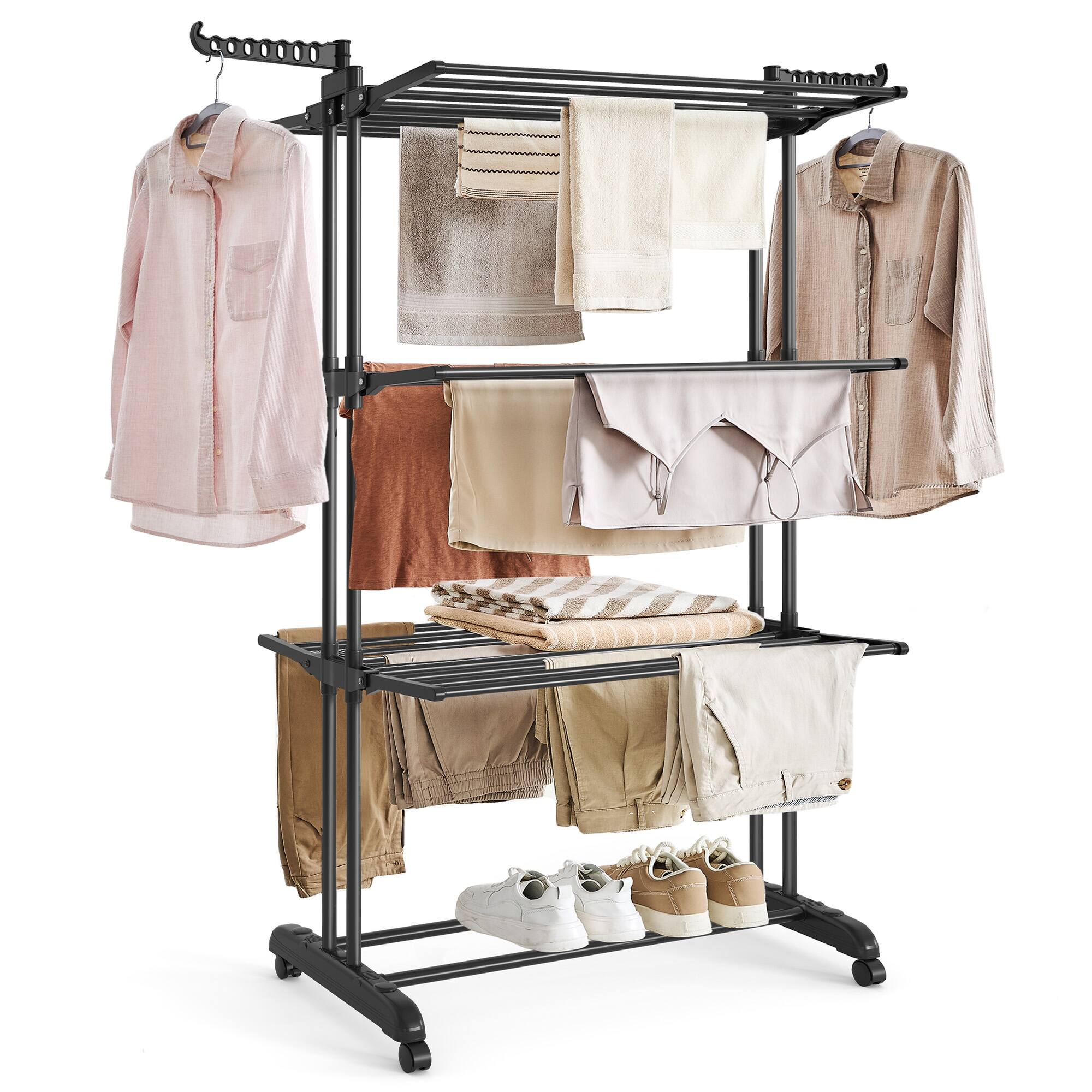 Front. Songmics Home - Clothes Drying Rack Stand 4-Tier, Foldable Laundry Drying Rack 68.1-Inch Tall, Stainless Steel - Ink Black.