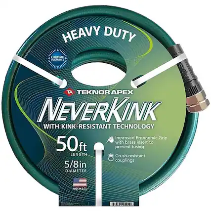 HEAVY DUTY LIFETIME GUARANTEE
TEKNOR APEX NEVERKINK WITH KINK-RESISTANT TECHNOLOGY
Improved Ergonomic Grip with brass insert to prevent fusing
50ft LENGTH
5/8in DIAMETER
Crush-resistant couplings