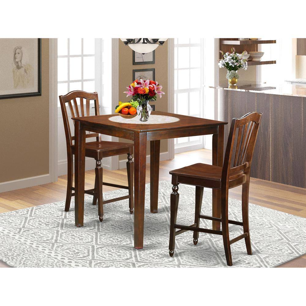 Back. East West Furniture - 3 Pc Dining counter height set-pub Table and 2 dinette Chairs. - Mahogany.