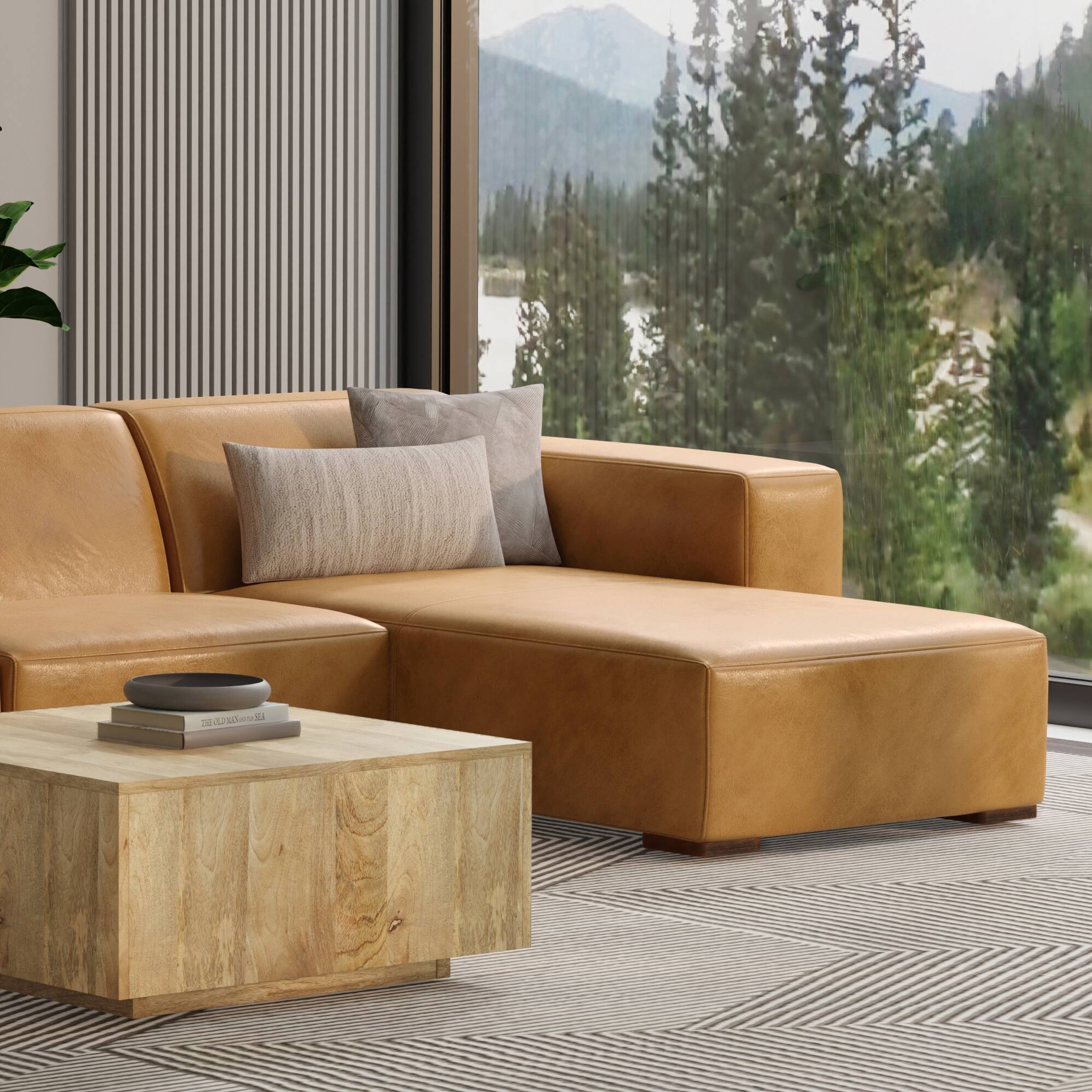 Angle. Simpli Home - Rex Right Chaise Sofa Module in Genuine Leather - Sienna.