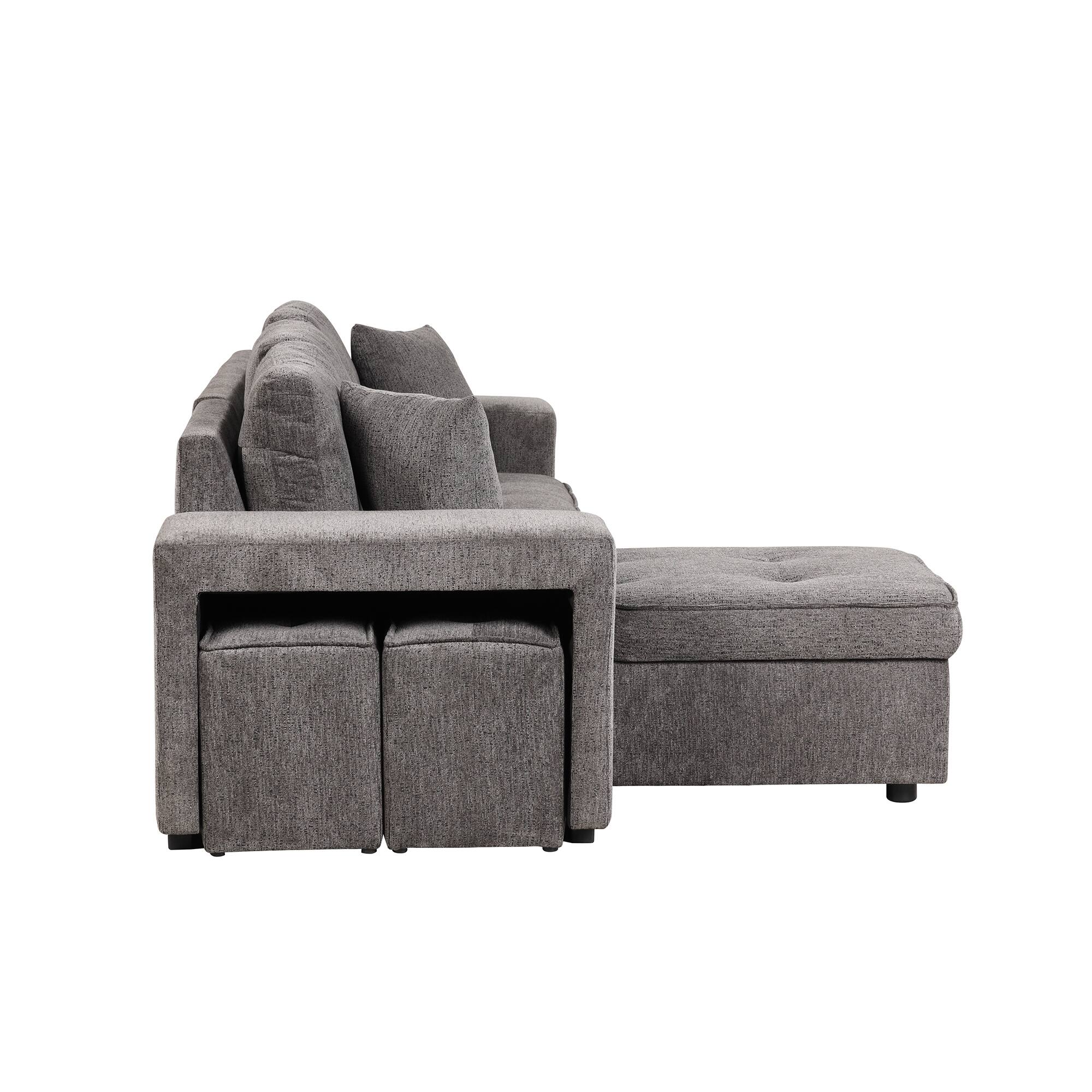 Alt View 2. LUCKY ONE - 104.5" L-Shape Reversible Pull-Out Sleeper Sectional Sofa with Storage Chaise & 2 Stools - Knox Charcoal.
