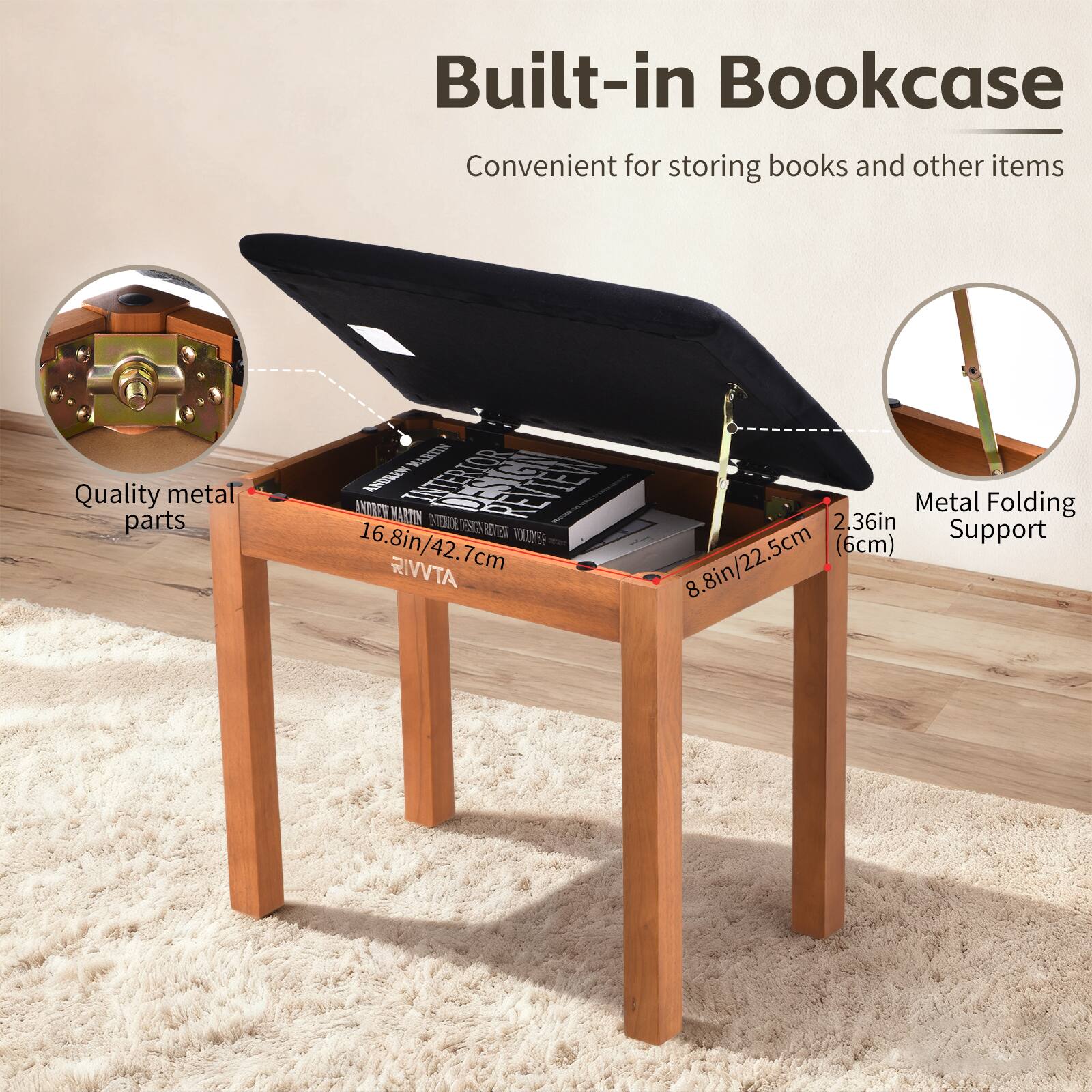 Built-in Bookcase  
Convenient for storing books and other items  

Quality metal parts  

Metal Folding Support  

16.8in/42.7cm  
8.8in/22.5cm (6cm)  
2.36in (6cm)