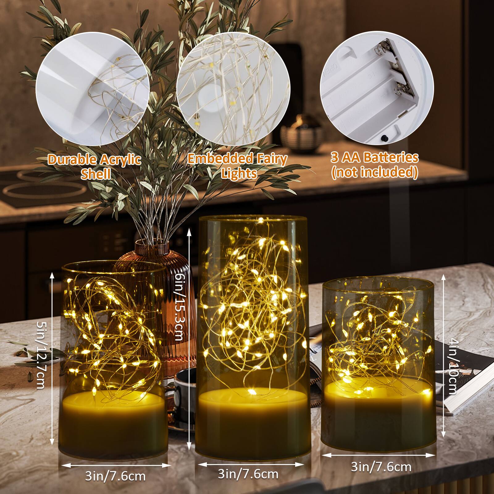 Durable Acrylic Shell, Embedded Fairy Lights, 3 AA Batteries (not included), 1 5in/12.7cm, 6in/15.3cm, 4in/10cm, 3in/7.6cm, 3in/7.6cm, 3in/7.6cm