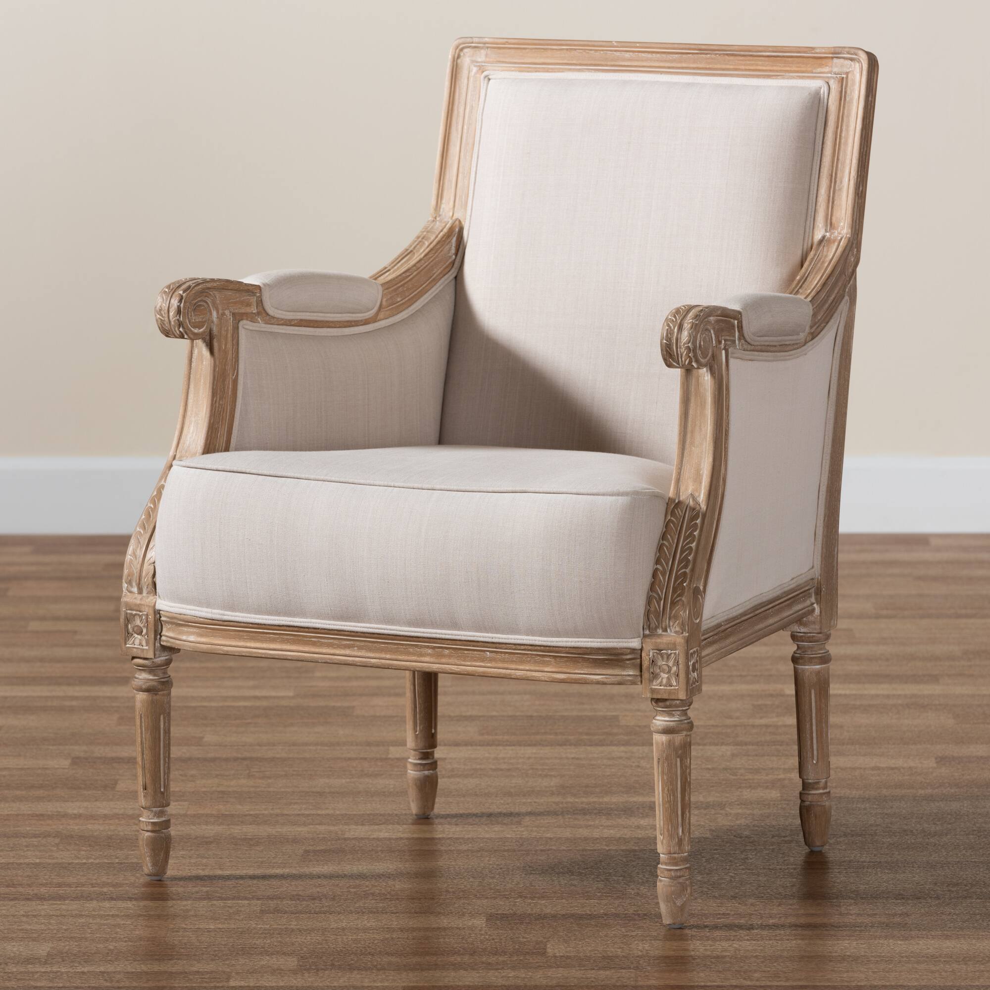 Alt View 5. Baxton Studio - Chavanon Wood & Linen Traditional French Accent Chair - Light Beige/Natural.