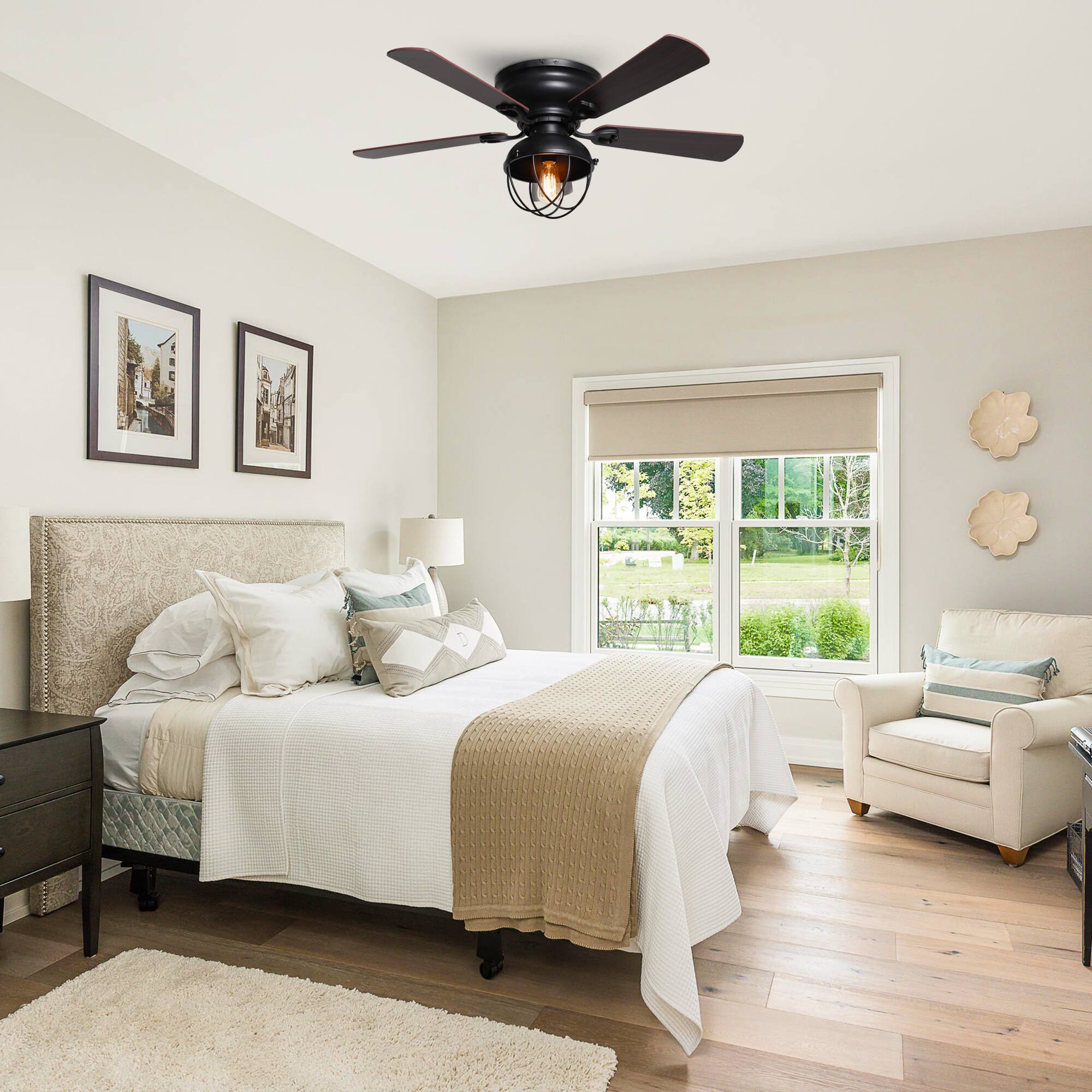 Left. Parrot Uncle - 42" Industrial Wood 5-Blade Matte Black Flush Mount Ceiling Fan with Remote - Black.