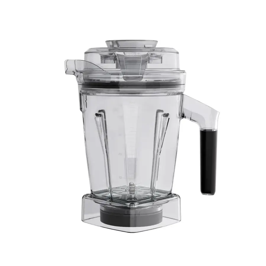 The image features a blender with a clear container and a black handle. The blender can hold 6 cups and is capable of blending 10 cups of ingredients. It can also blend 20 cups of ingredients at once, making it a versatile and powerful appliance for various blending needs.