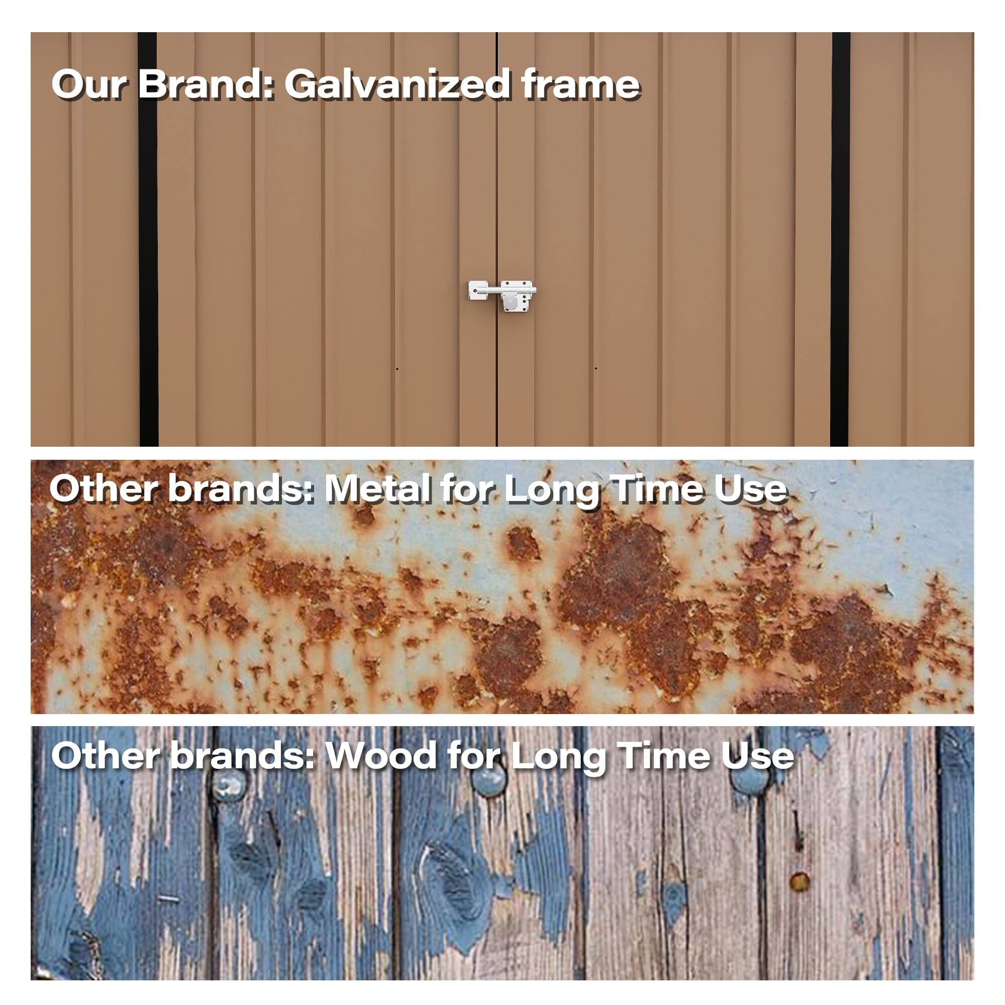 Our Brand: Galvanized frame

Other brands: Metal for Long Time Use

Other brands: Wood for Long Time Use