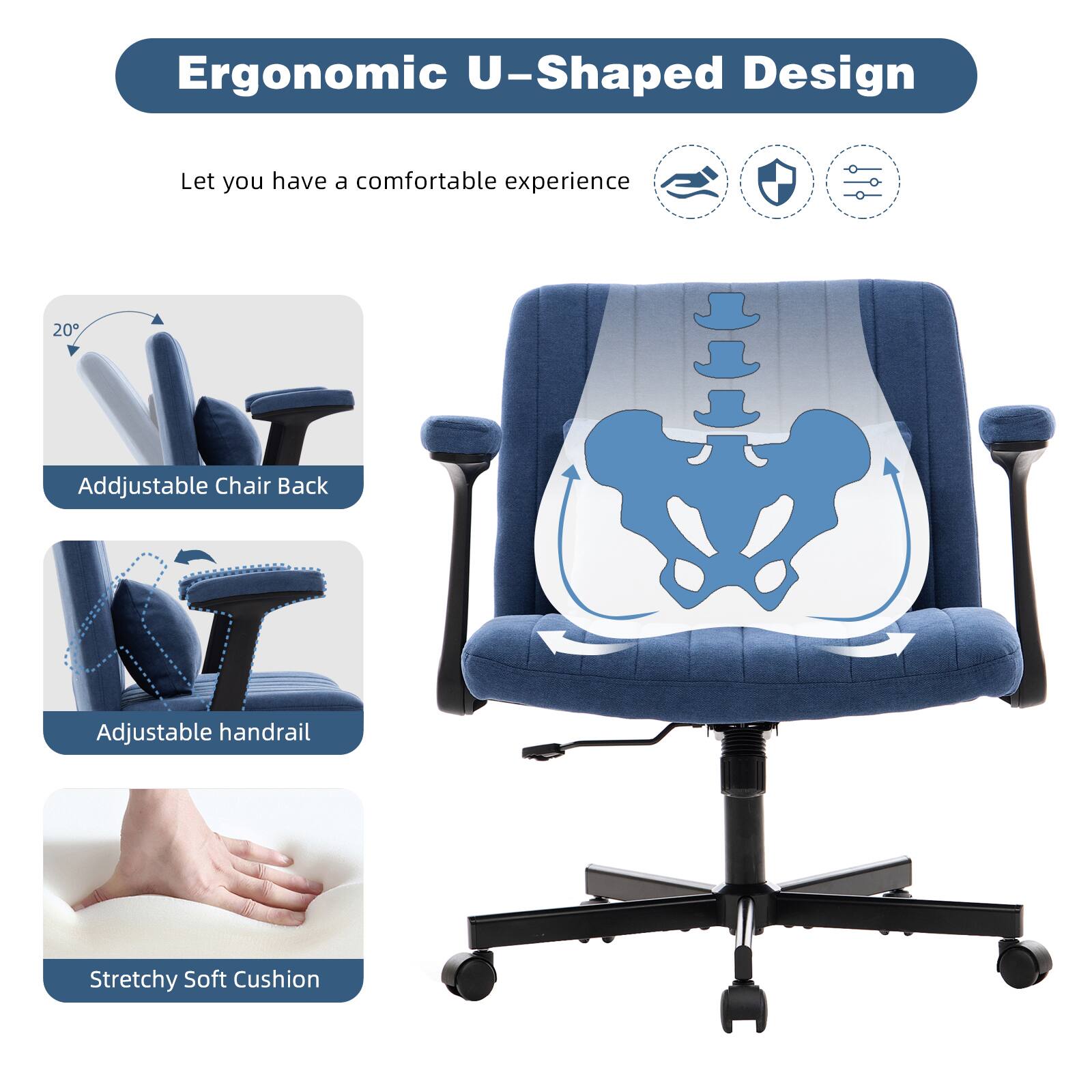 Ergonomic U-Shaped Design  
Let you have a comfortable experience  

- Adjustable Chair Back  
- Adjustable handrail  
- Stretchy Soft Cushion