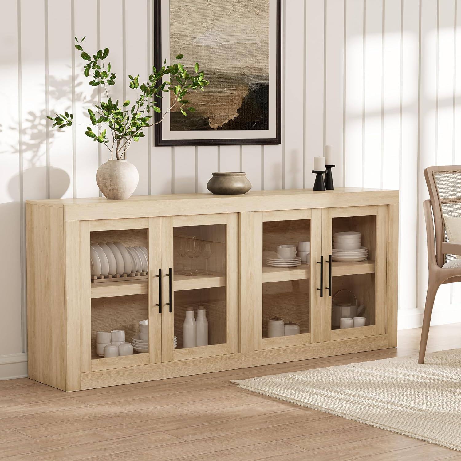 Jojoka - 70.8" Mid-Century Modern Sideboard Buffet Cabinet with 4 Glass Doors & Modular Storage - Natural